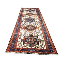Antique Persian Karajeh Wool 4x11 Ivory, Red & Navy Handmade Gallery Rug