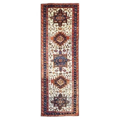 Antique Persian Karajeh Wool 4x11 Ivory, Red & Navy Handmade Gallery Rug