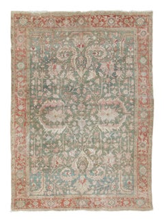 Antique Persian Karja Rug in Sage Green with Coral Medallions - Rug & Kilim