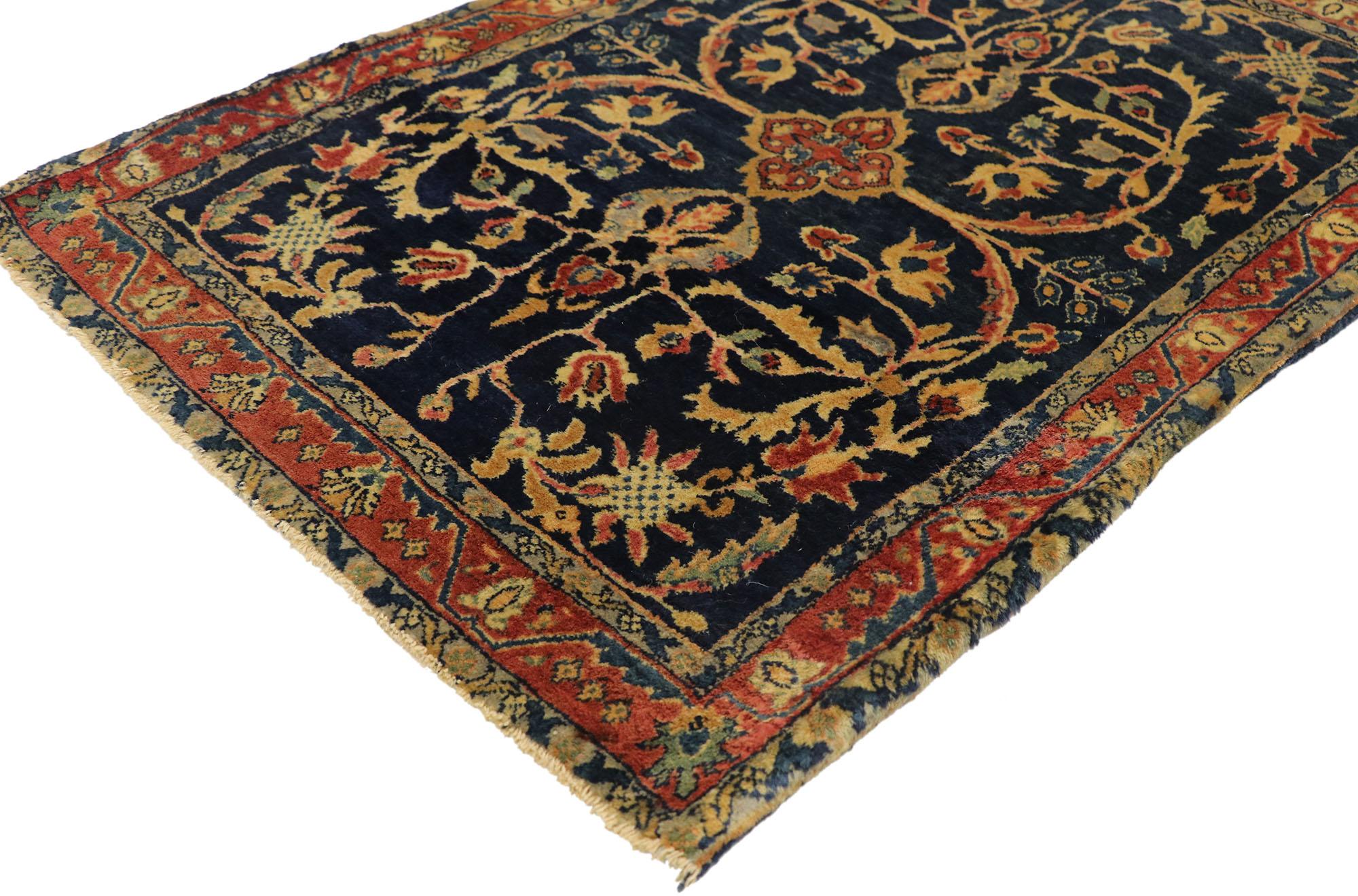 77424 Antique Persian Mohajeran Sarouk Rug with Federal Style 02'00 x 02'11. Regal and refined with a timeless design, this hand-knotted wool antique Persian Mohajeran Sarouk​ rug is poised to impress. The abrashed midnight ink blue field is covered