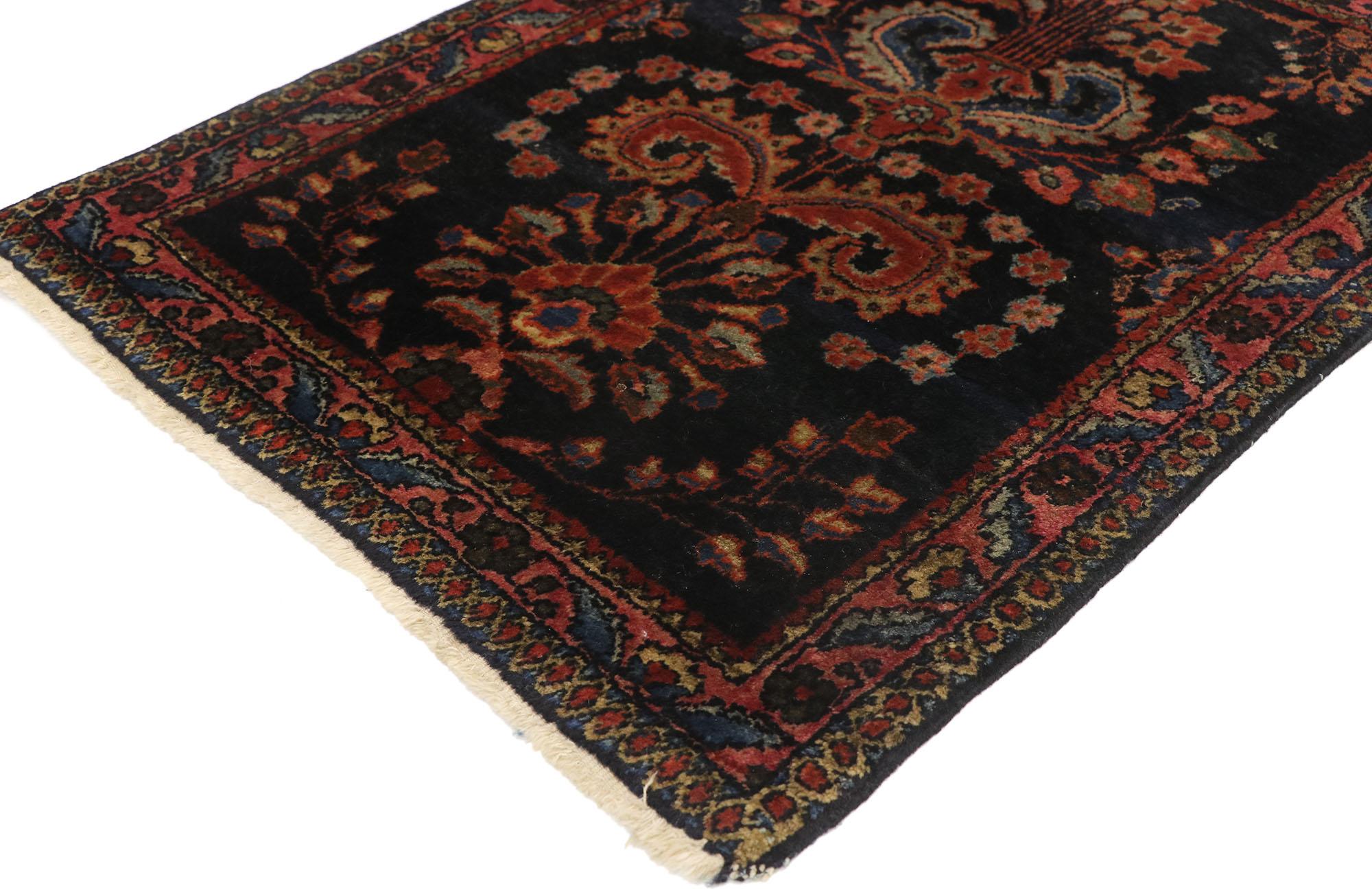 77425 Antique Persian Mohajeran Sarouk Rug with Old World Victorian Style 01'11 x 02'07. Regal and refined with a timeless design, this hand-knotted wool antique Persian Mohajeran Sarouk rug is poised to impress. The abrashed midnight ink blue field