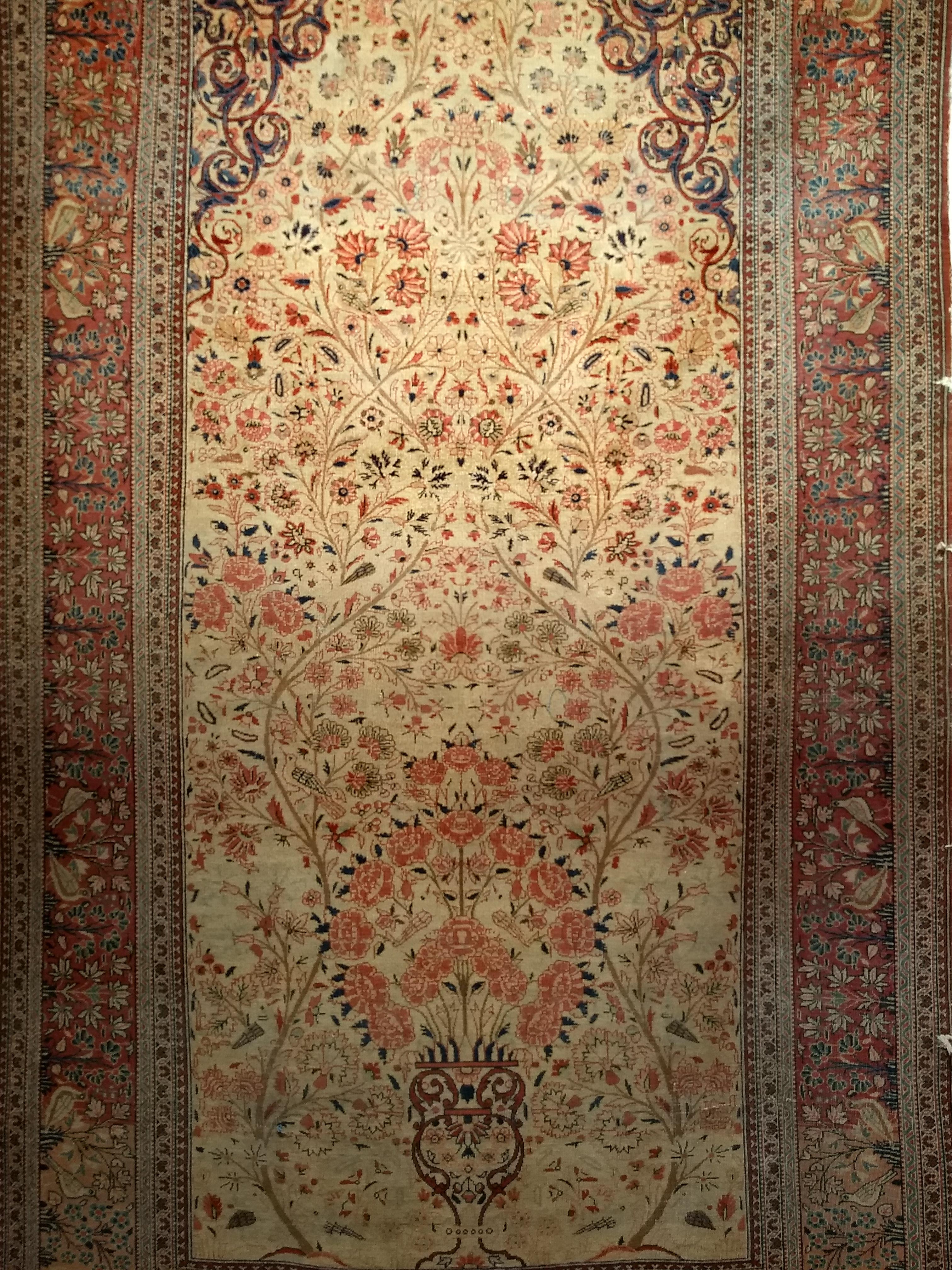 Hand-Woven 19th Century Persian Kashan “Tree of Life” Vase Rug in Ivory, Brick Red, Navy For Sale