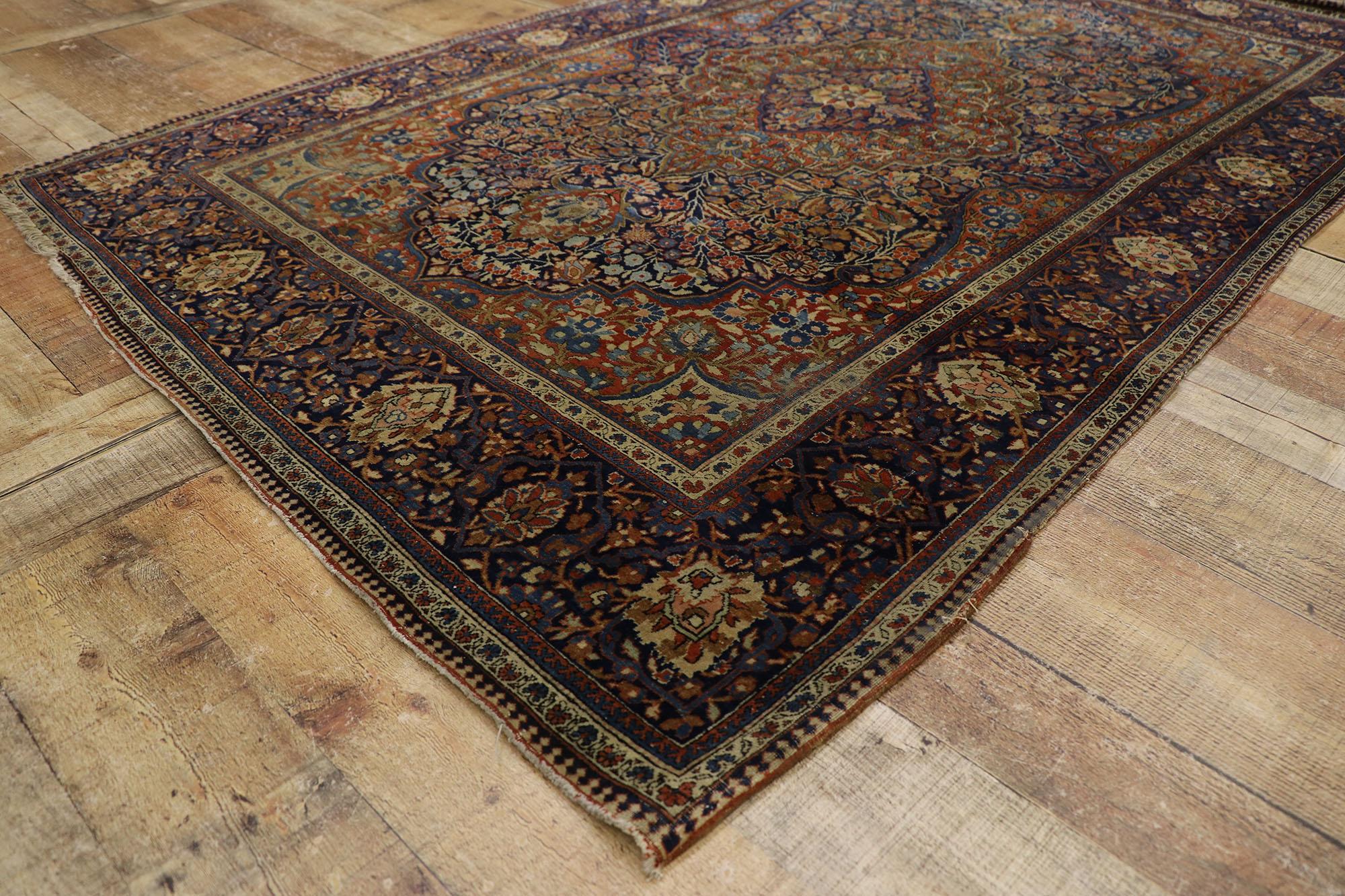 Wool Antique Persian Kashan Rug, Austere Elegance Meets Relaxed Familiarity For Sale