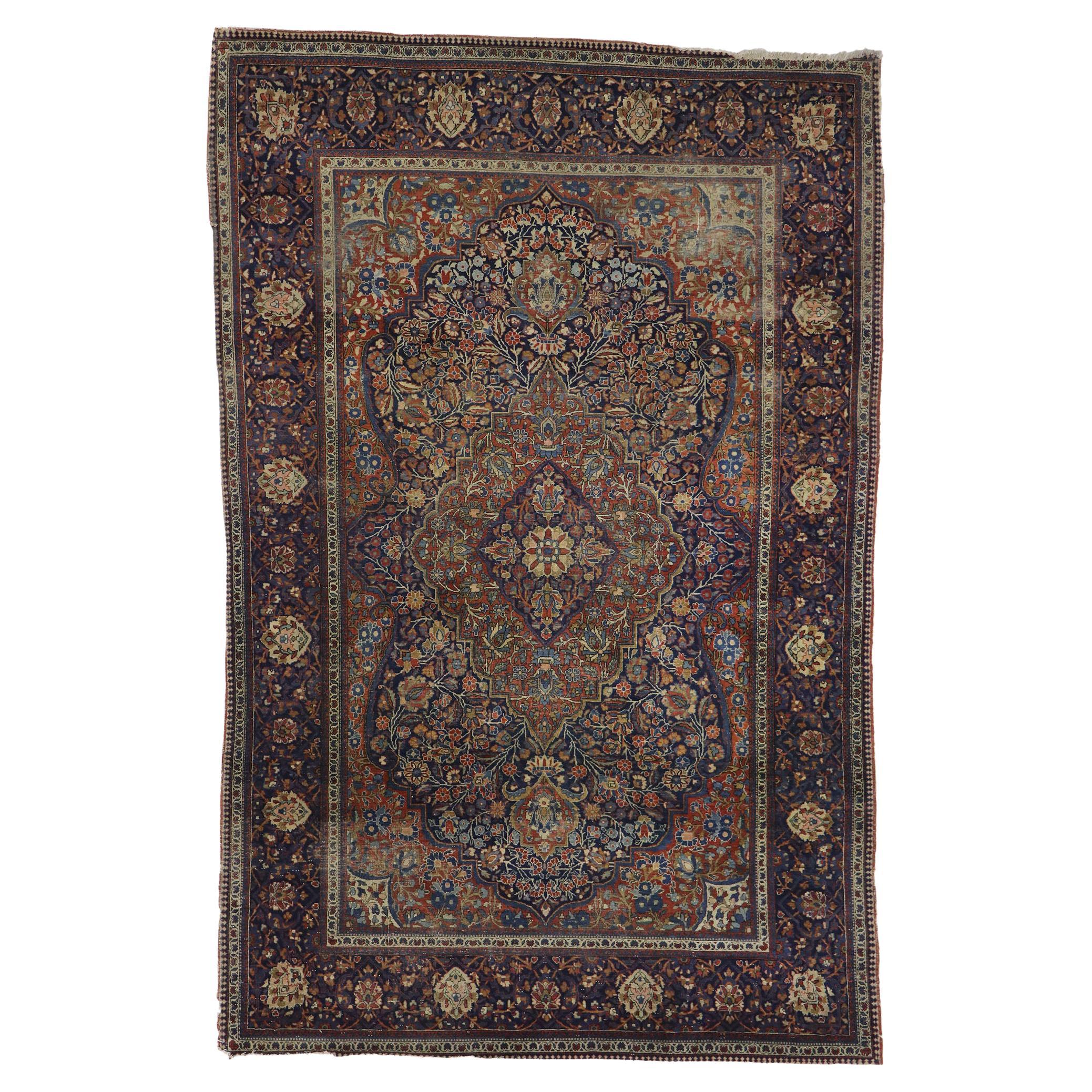 Antique Persian Kashan Rug, Austere Elegance Meets Relaxed Familiarity For Sale
