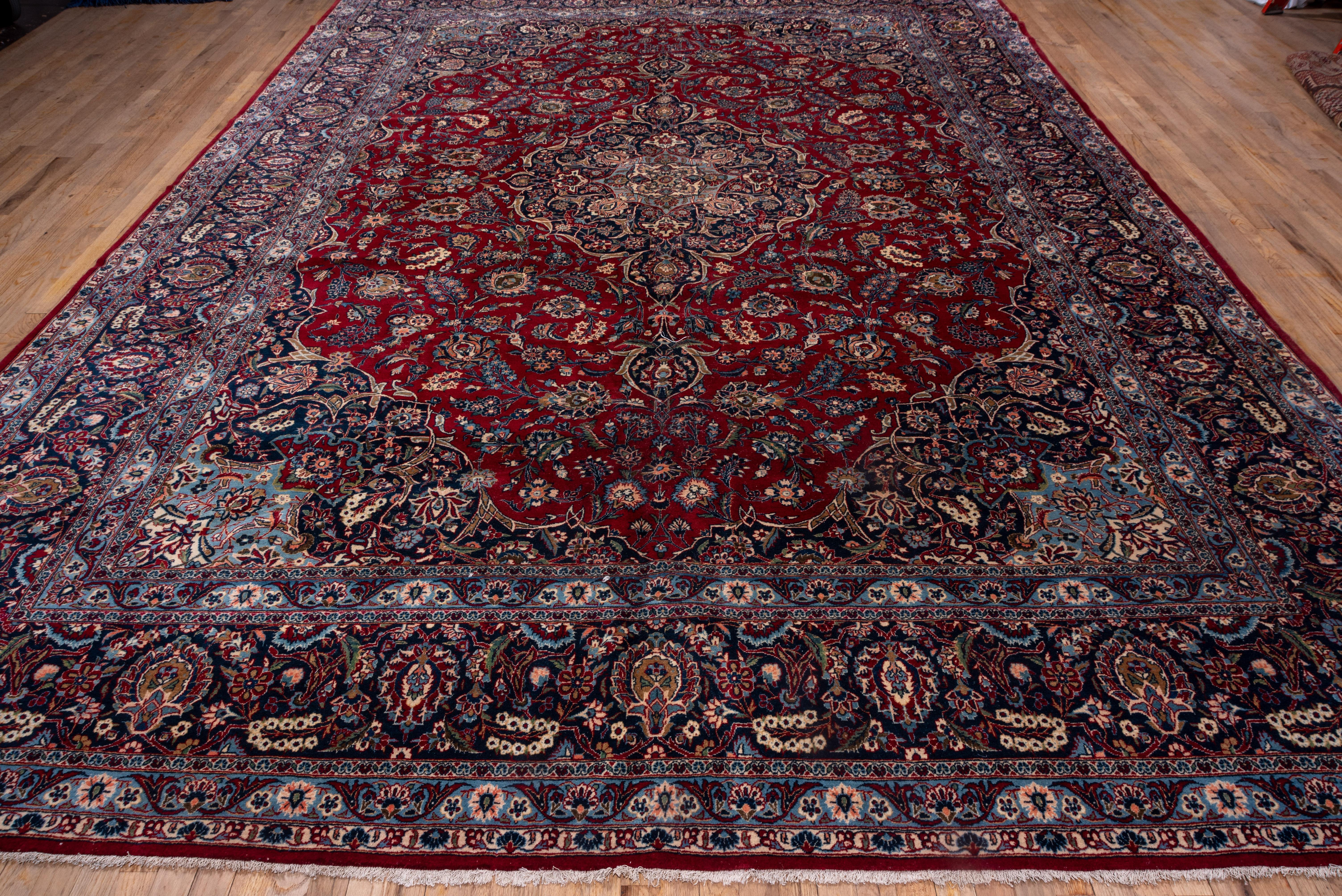 Hand-Knotted Antique Persian Kashan Carpet, Dark Red Field, Navy Borders, Baby Blue Accents For Sale