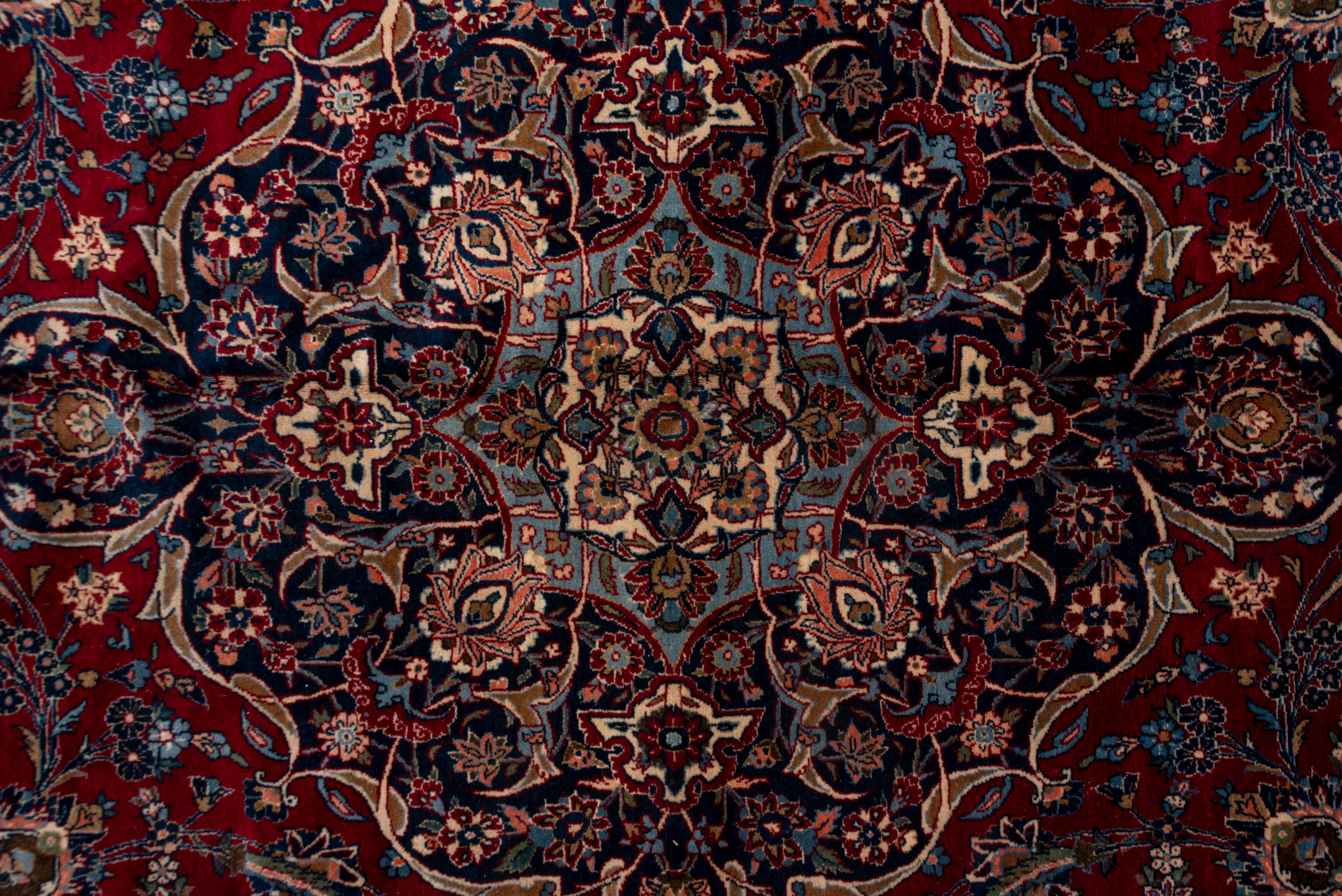 Antique Persian Kashan Carpet, Dark Red Field, Navy Borders, Baby Blue Accents In Good Condition For Sale In New York, NY