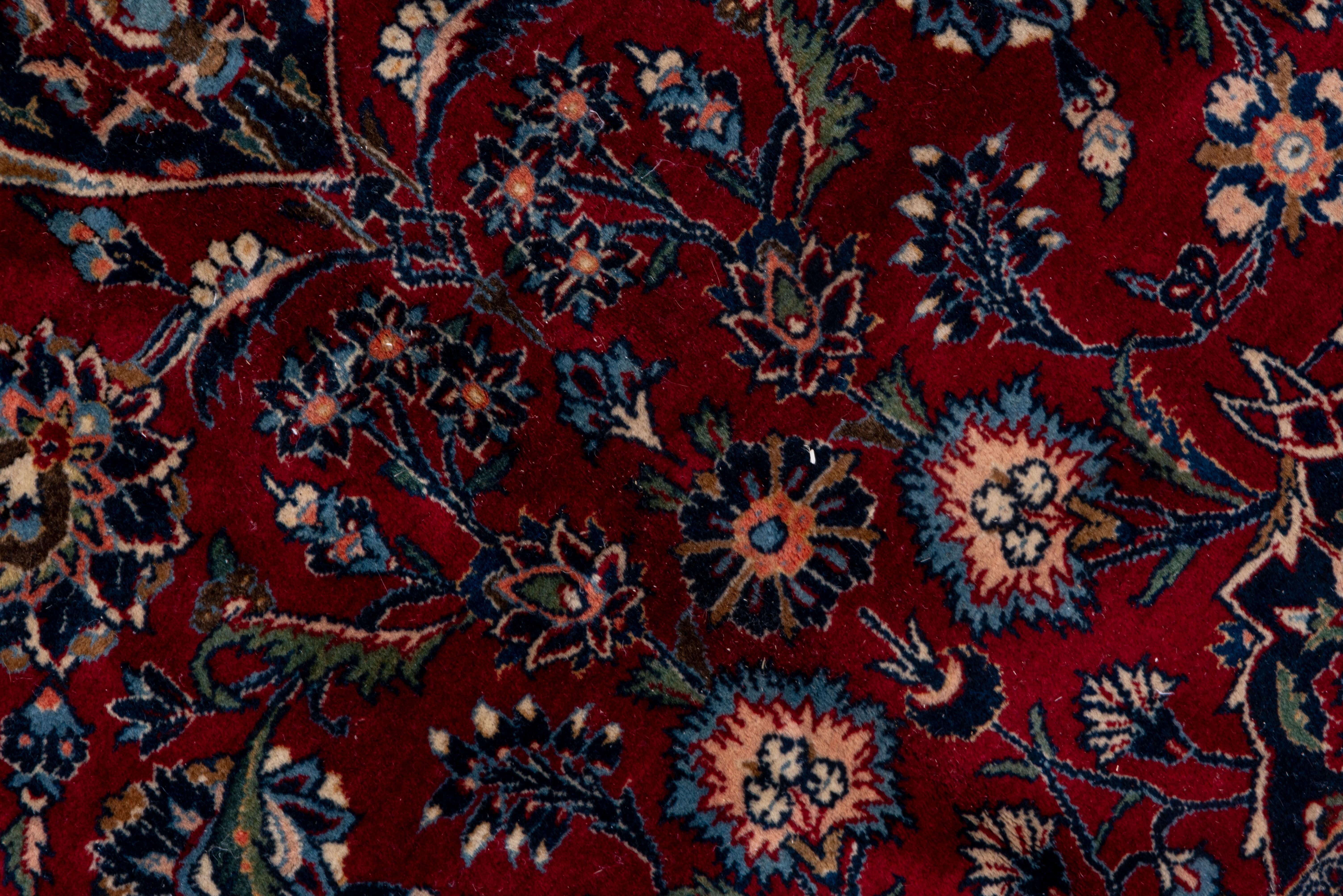 Mid-20th Century Antique Persian Kashan Carpet, Dark Red Field, Navy Borders, Baby Blue Accents For Sale