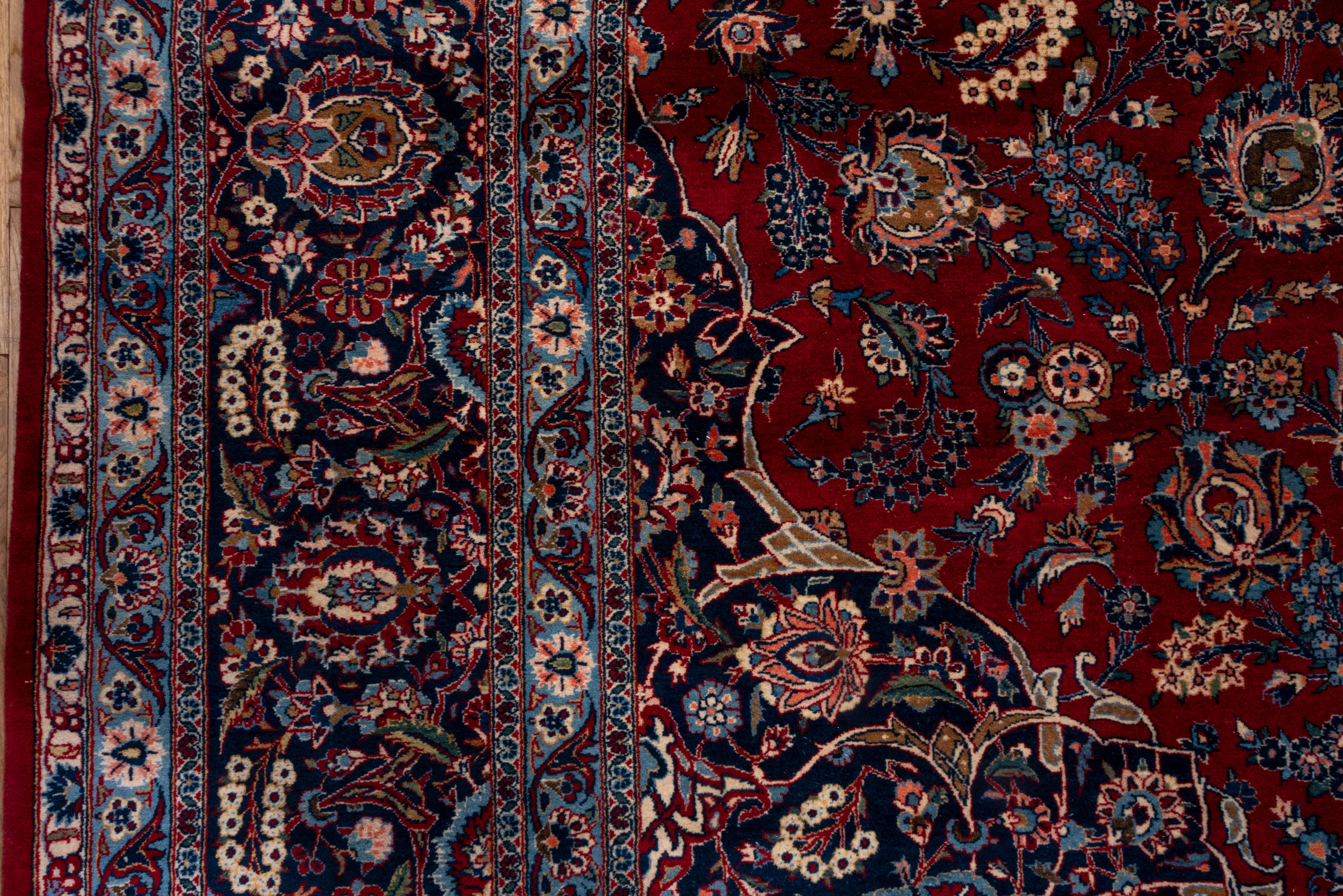 Wool Antique Persian Kashan Carpet, Dark Red Field, Navy Borders, Baby Blue Accents For Sale