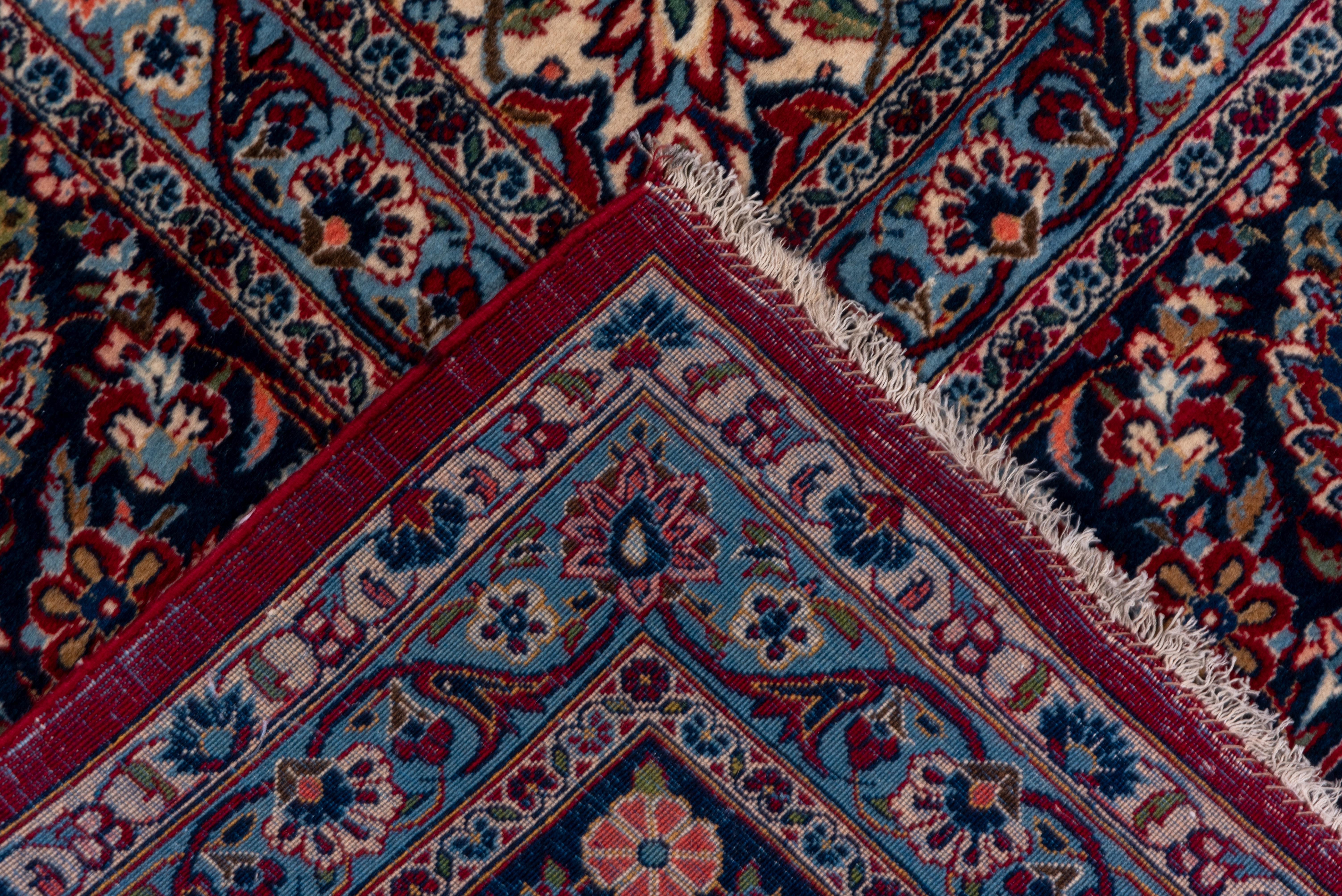 Antique Persian Kashan Carpet, Dark Red Field, Navy Borders, Baby Blue Accents For Sale 1