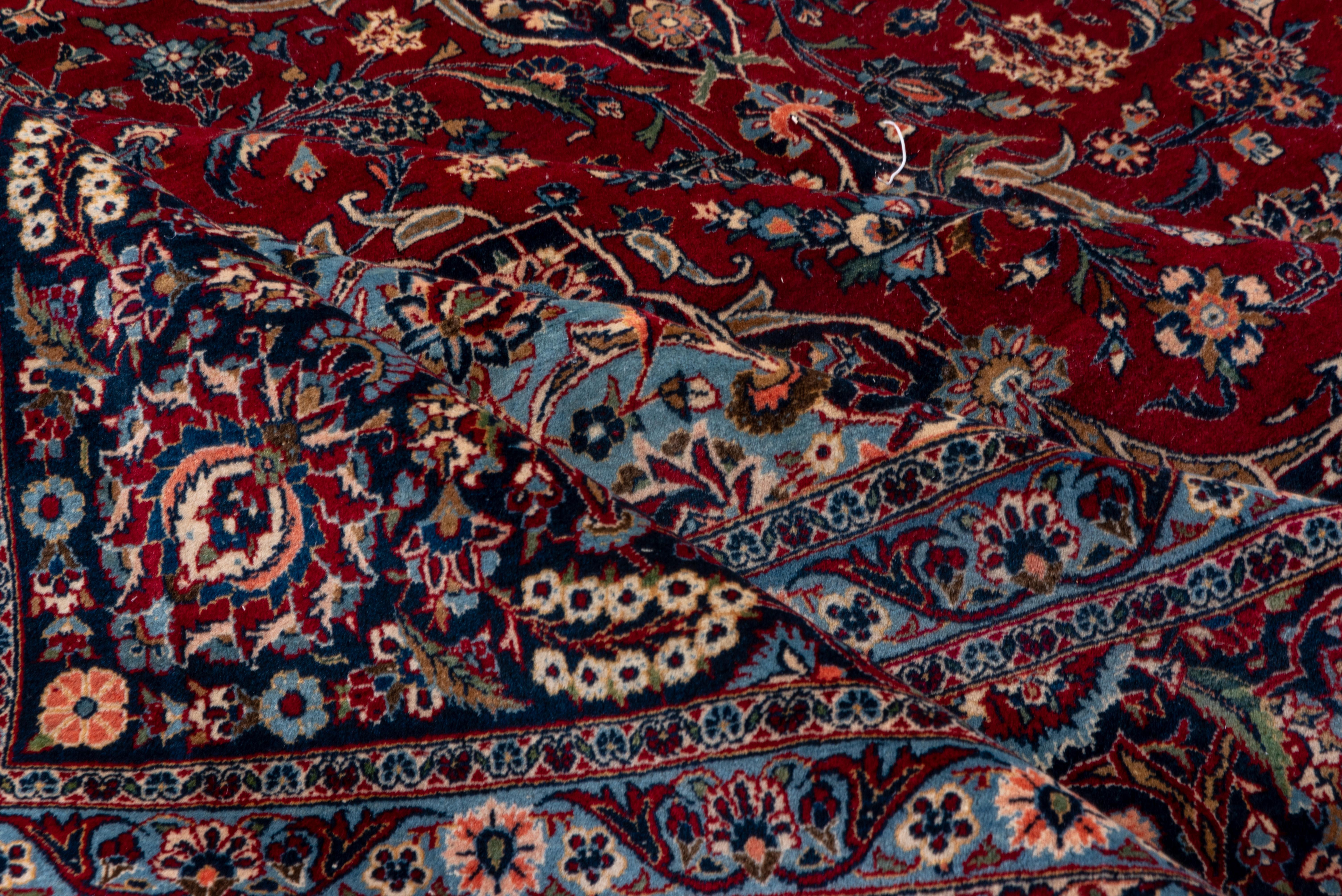 Antique Persian Kashan Carpet, Dark Red Field, Navy Borders, Baby Blue Accents For Sale 2