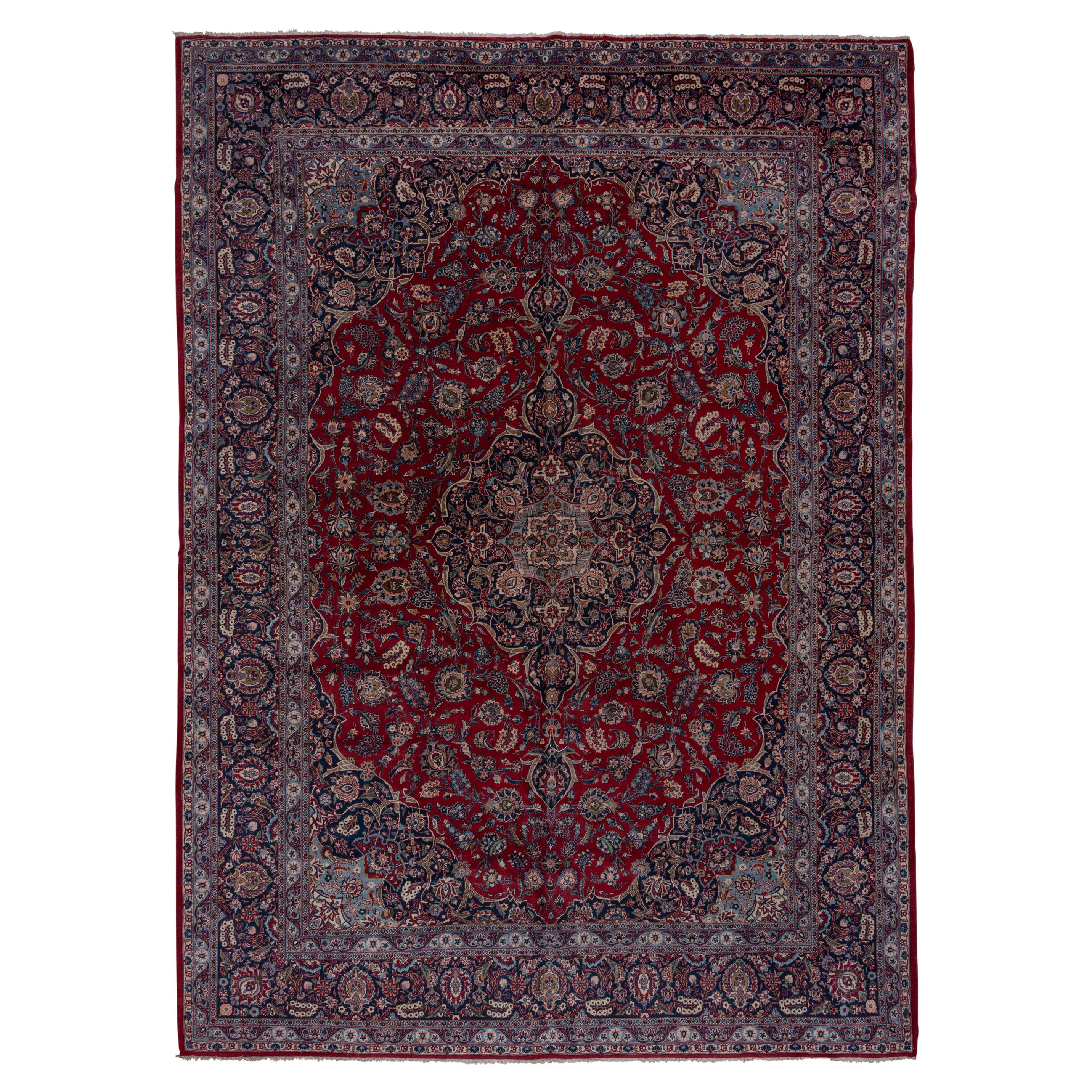 Antique Persian Kashan Carpet, Rust Field, Center Medallion, Blue