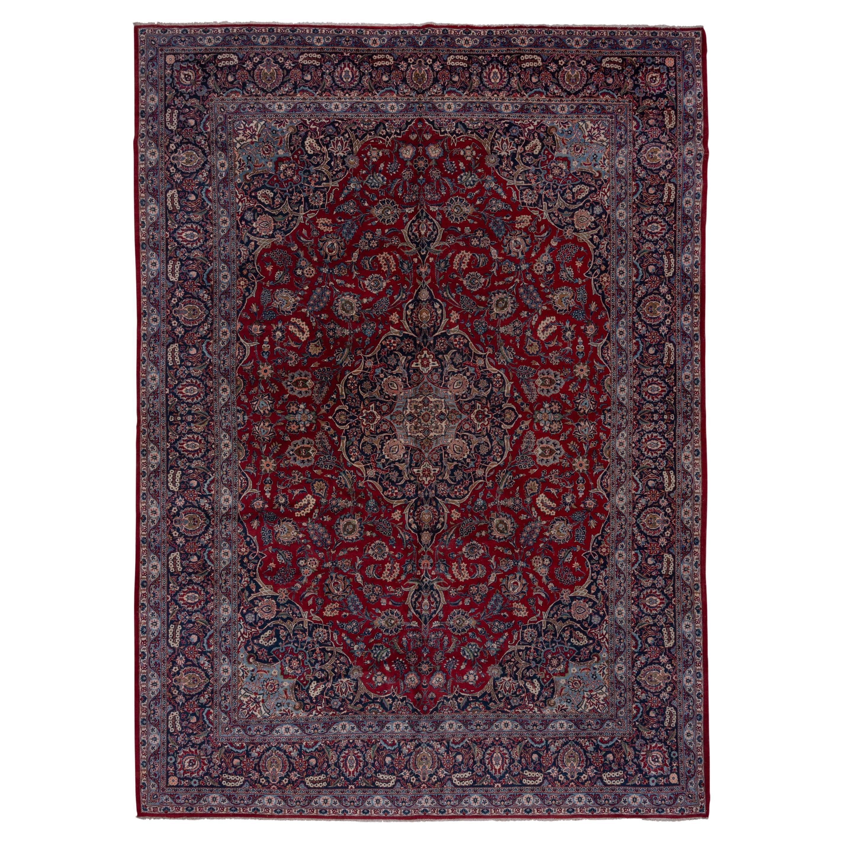 Antique Persian Kashan Carpet, Dark Red Field, Navy Borders, Baby Blue Accents