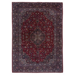 Vintage Persian Kashan Carpet, Dark Red Field, Navy Borders, Baby Blue Accents