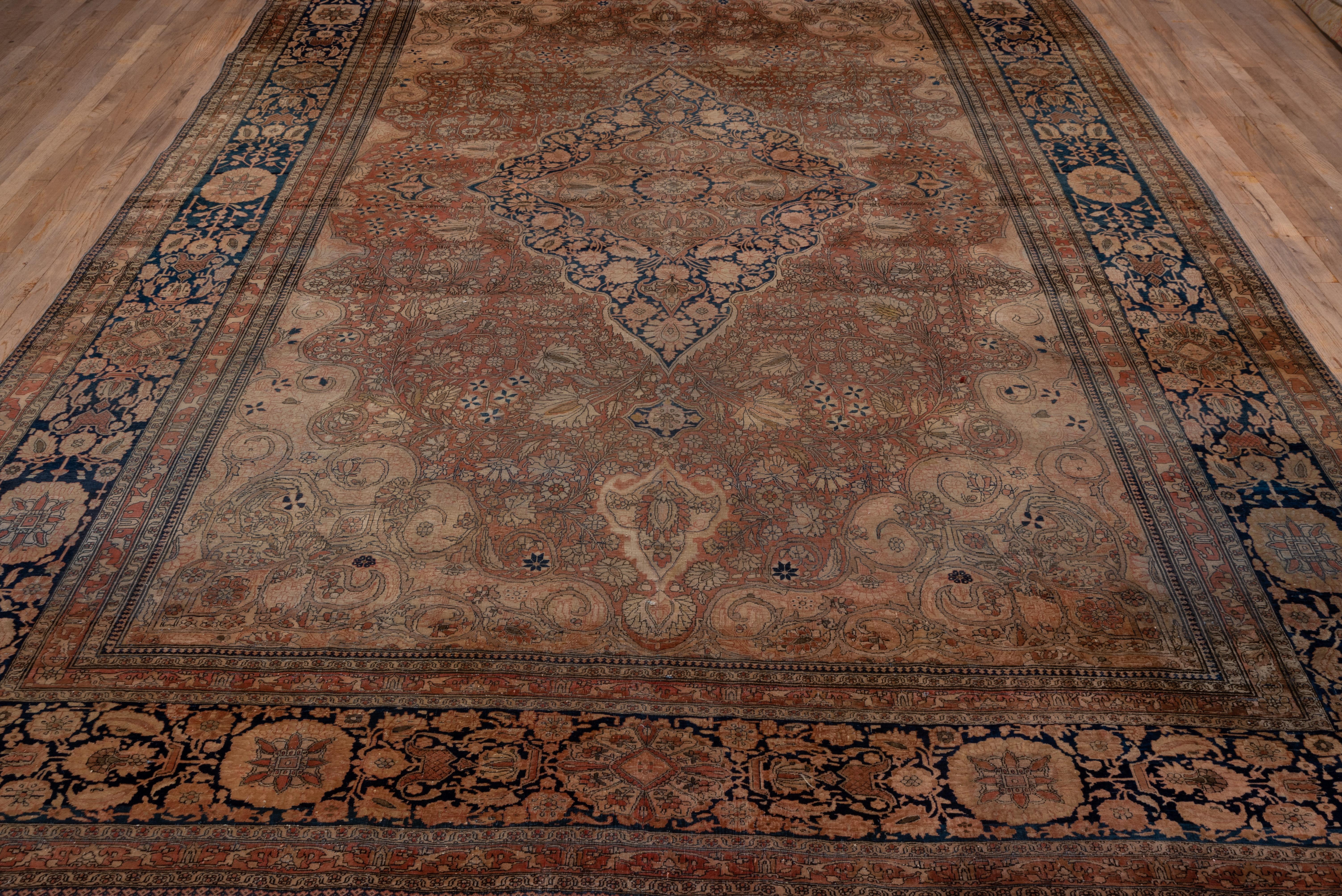 Hand-Knotted Antique Persian Kashan Carpet, Rust Field, Center Medallion, Blue Borders For Sale