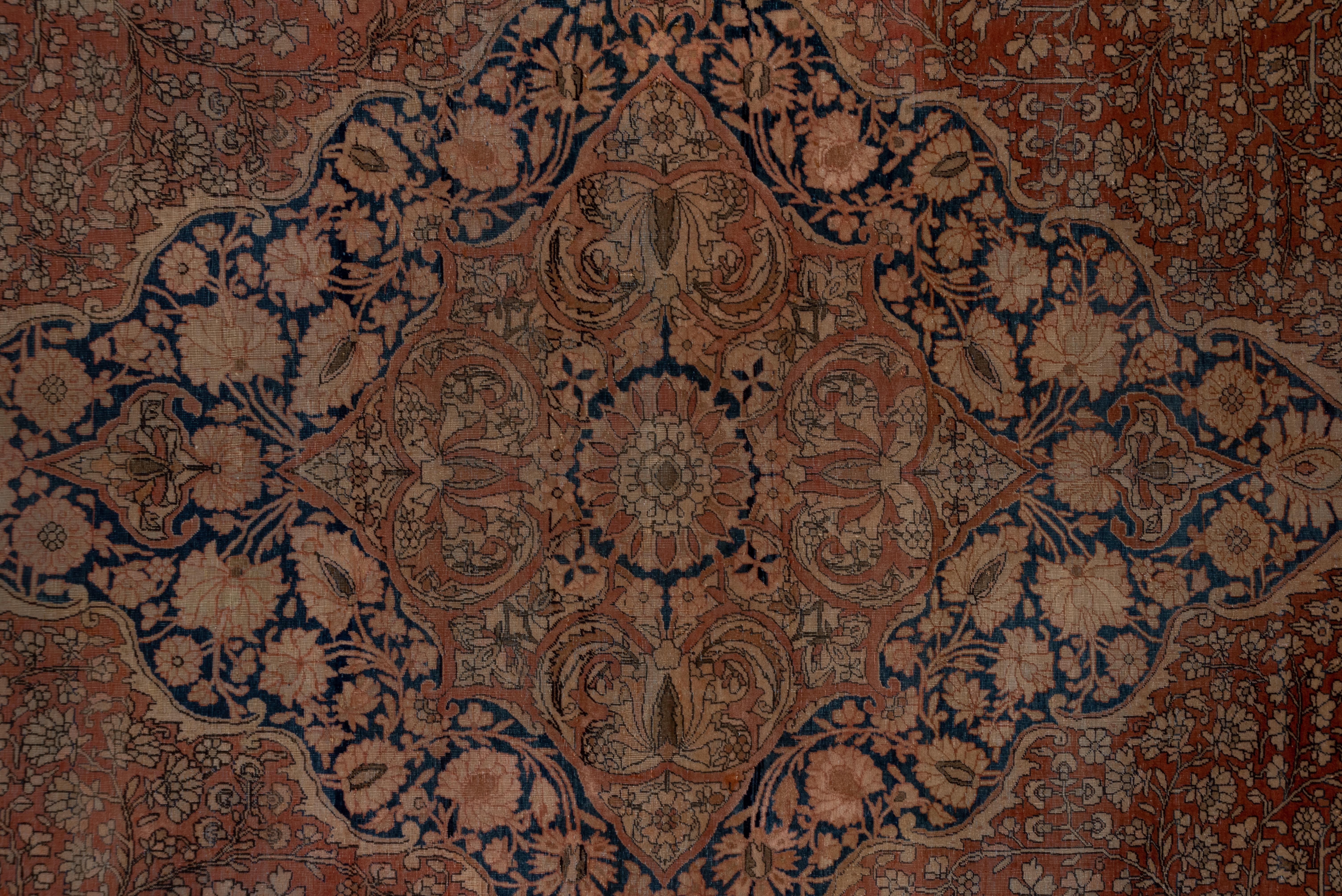 Antique Persian Kashan Carpet, Rust Field, Center Medallion, Blue Borders In Good Condition For Sale In New York, NY