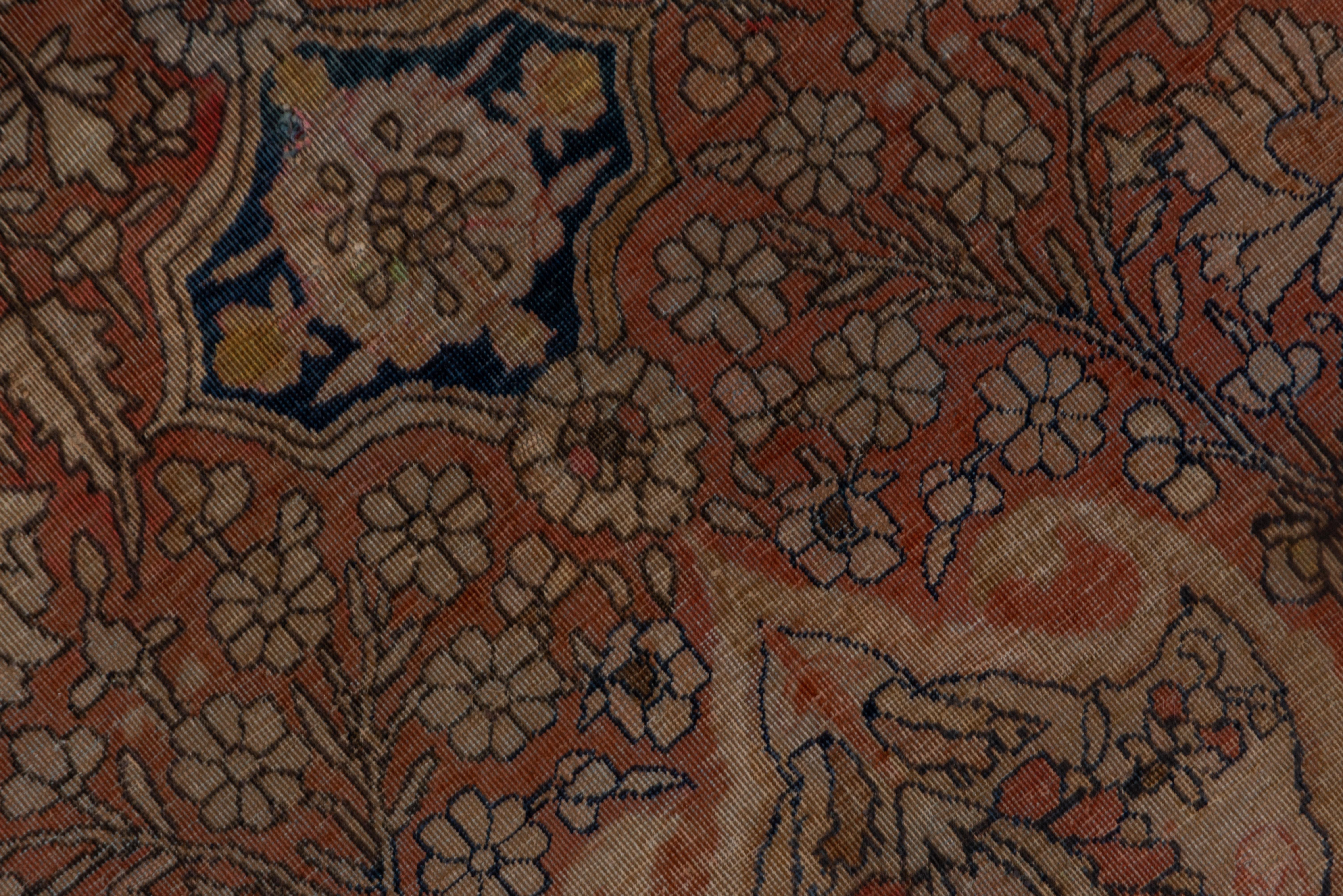 Late 19th Century Antique Persian Kashan Carpet, Rust Field, Center Medallion, Blue Borders For Sale