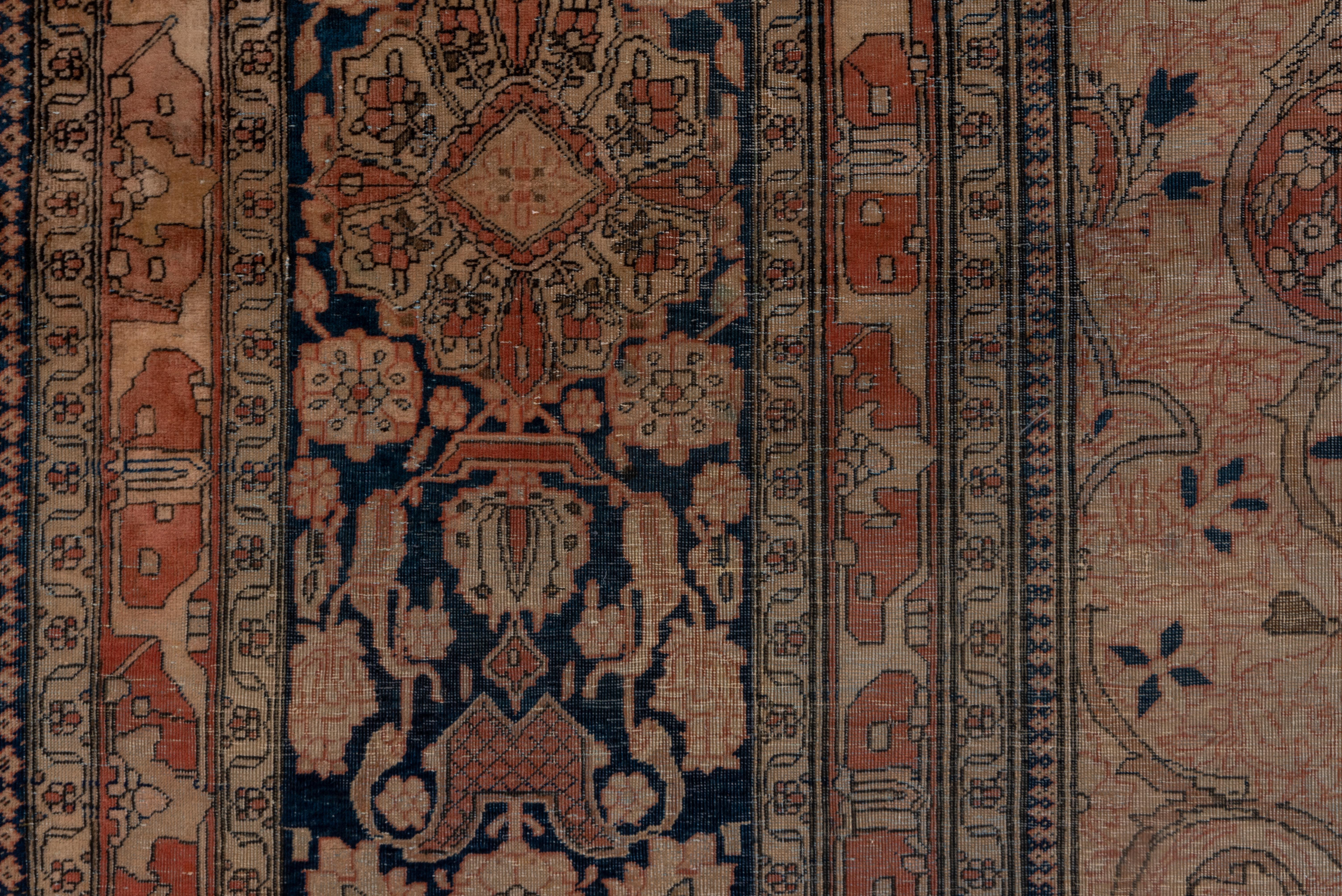 Wool Antique Persian Kashan Carpet, Rust Field, Center Medallion, Blue Borders For Sale
