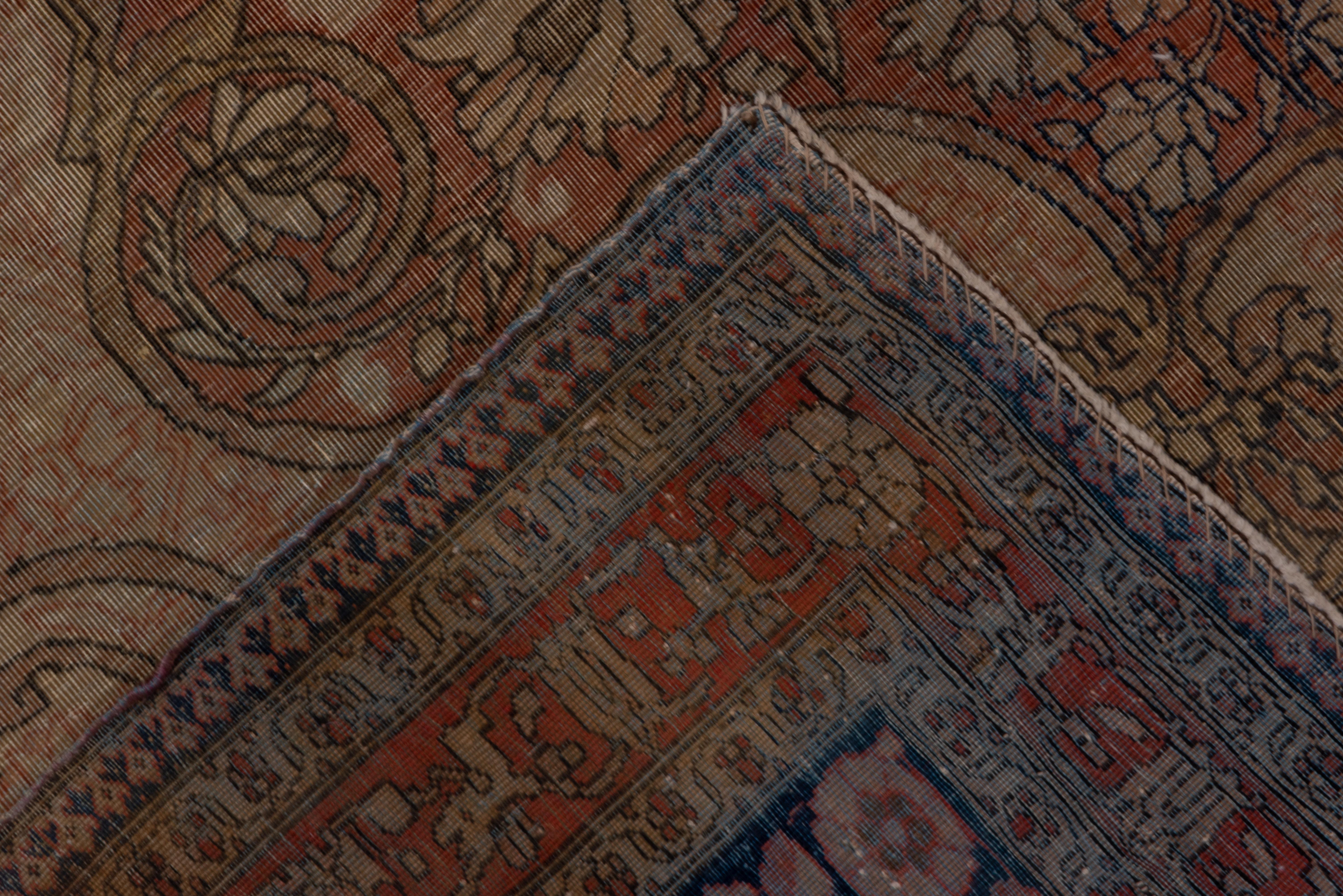 Antique Persian Kashan Carpet, Rust Field, Center Medallion, Blue Borders For Sale 1