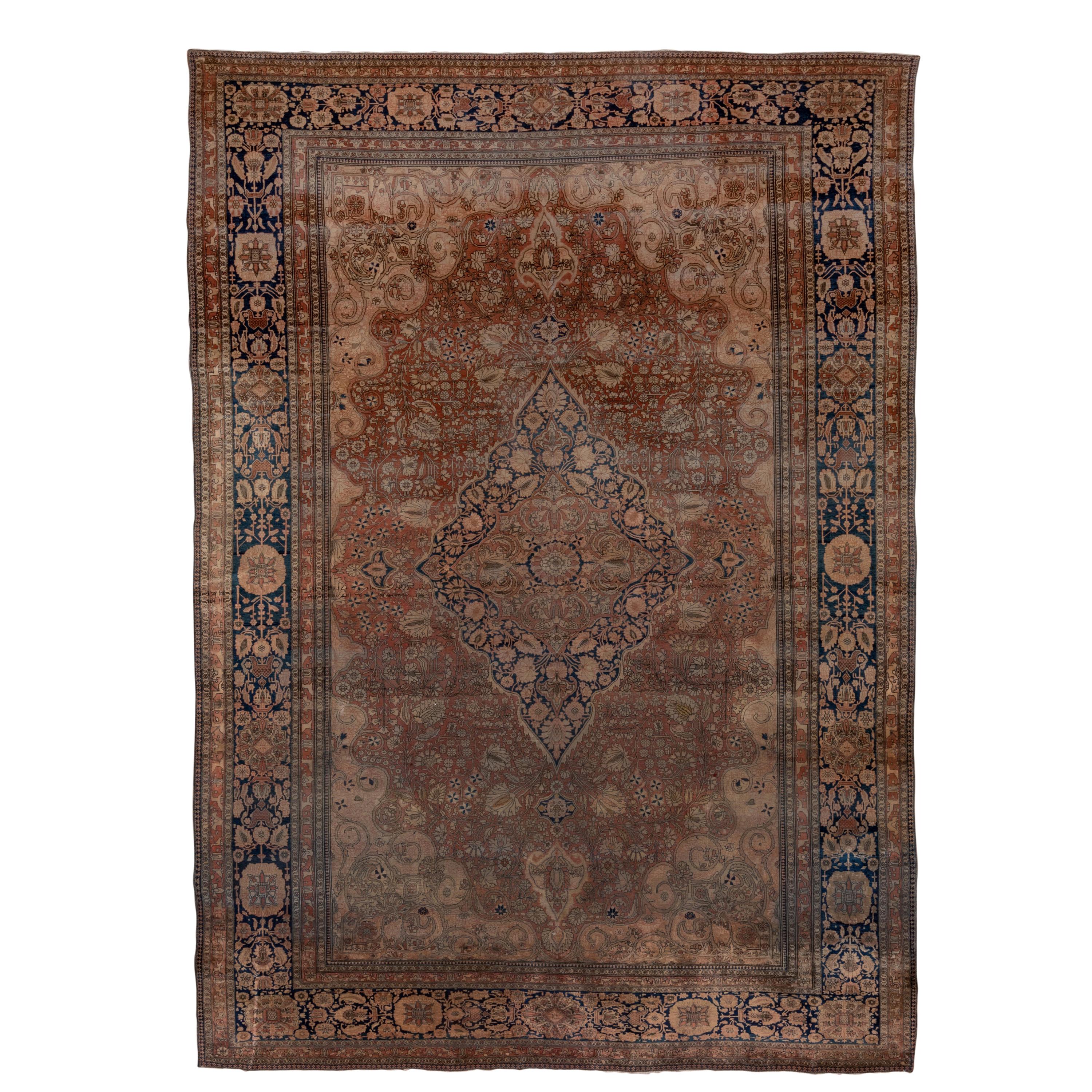 Antique Persian Kashan Carpet, Rust Field, Center Medallion, Blue Borders For Sale