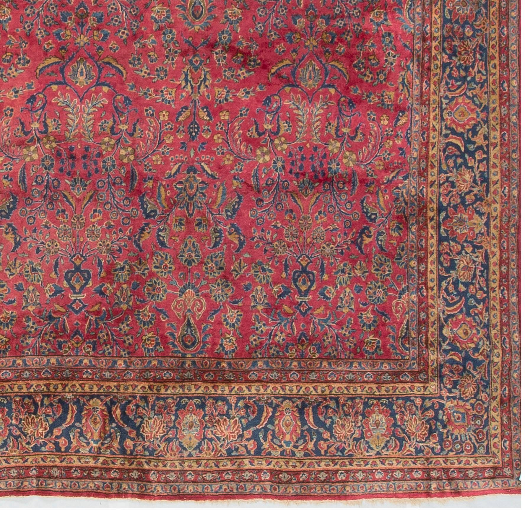 Kashan Antique Persian Fine Traditional Handwoven Luxury Wool Red / Navy Rug For Sale