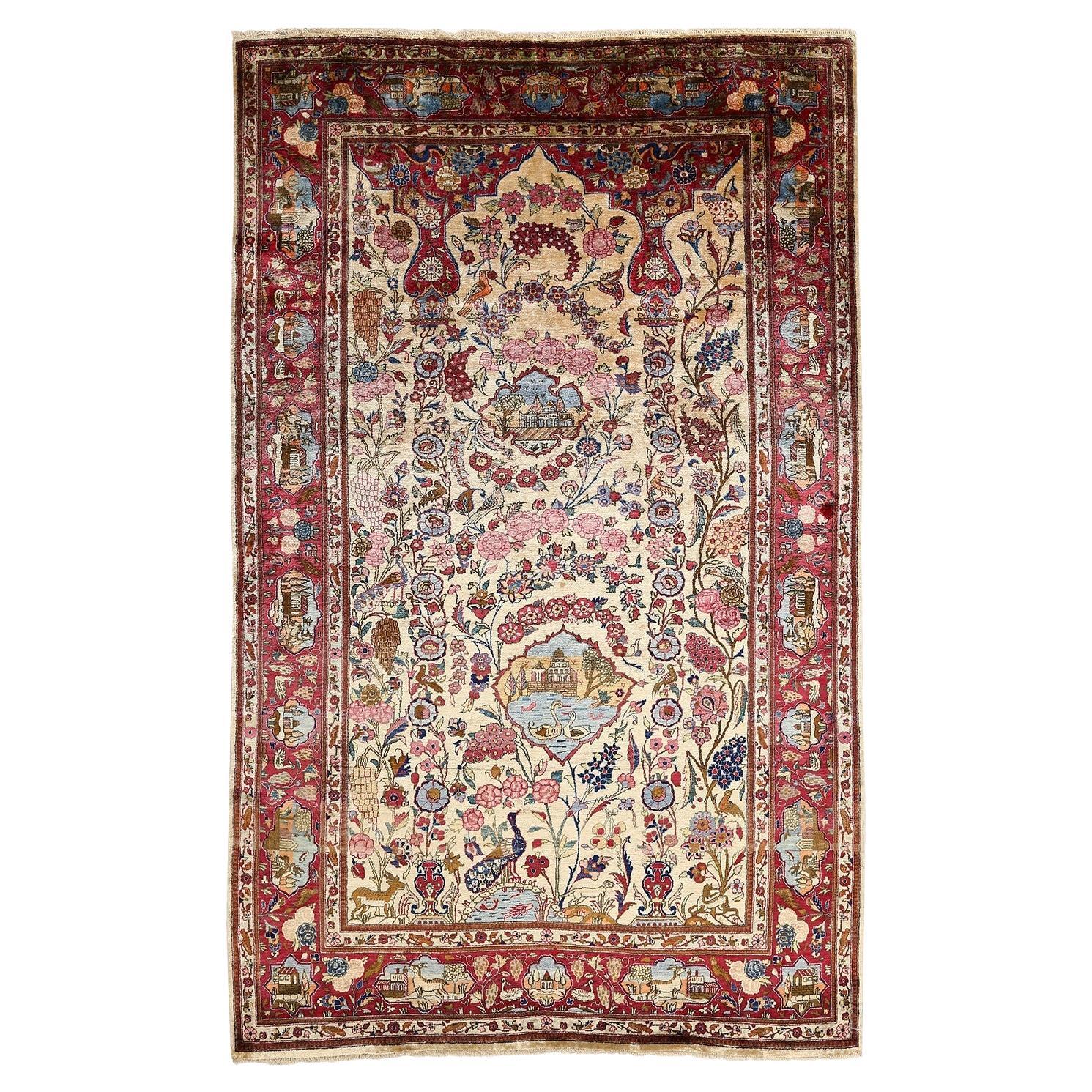 Alfombra Persa Antigua Kashan Dabir de Seda Pura - Tamaño: 6'10x4'3