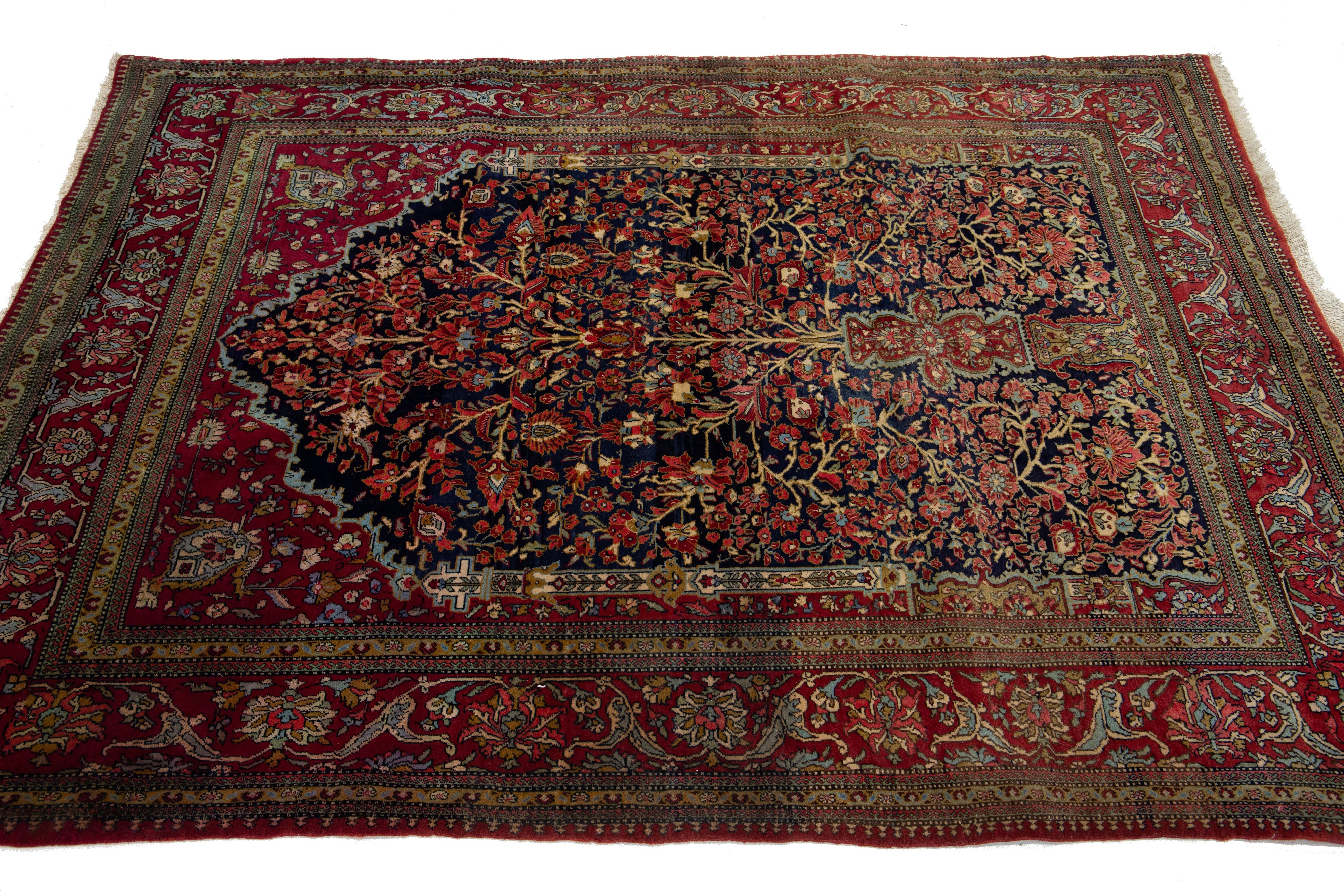 20ième siècle Tapis persan Kashan ancien entièrement conçu à la main en bleu et rouge en vente