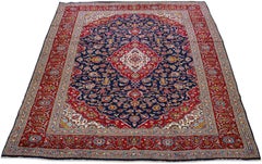 Antique Persian Kashan Handmade Allover Floral Blue Wool Rug