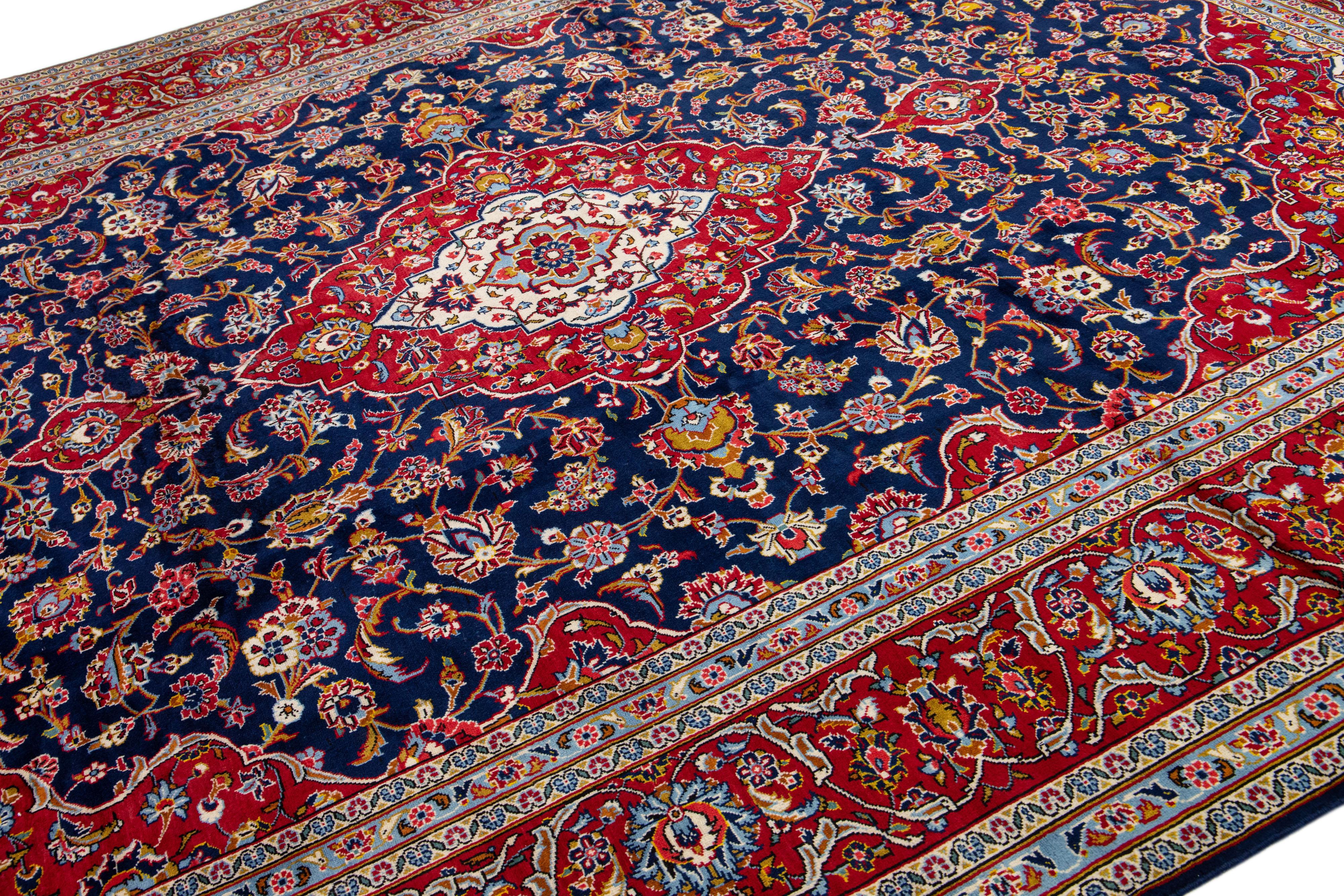 Hand-Knotted Antique Persian Kashan Handmade Allover Floral Blue Wool Rug For Sale