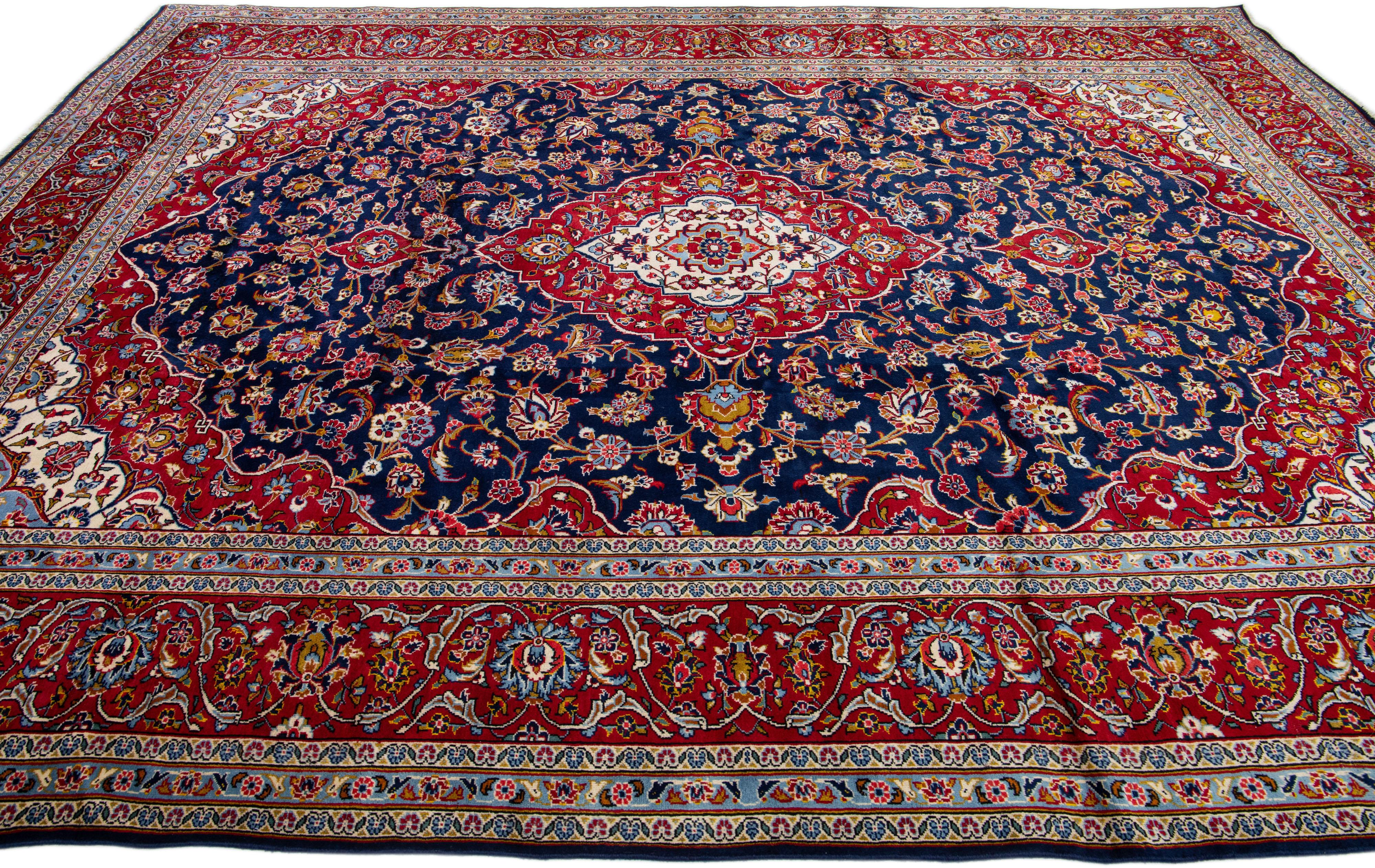 Antique Persian Kashan Handmade Allover Floral Blue Wool Rug In Good Condition For Sale In Norwalk, CT