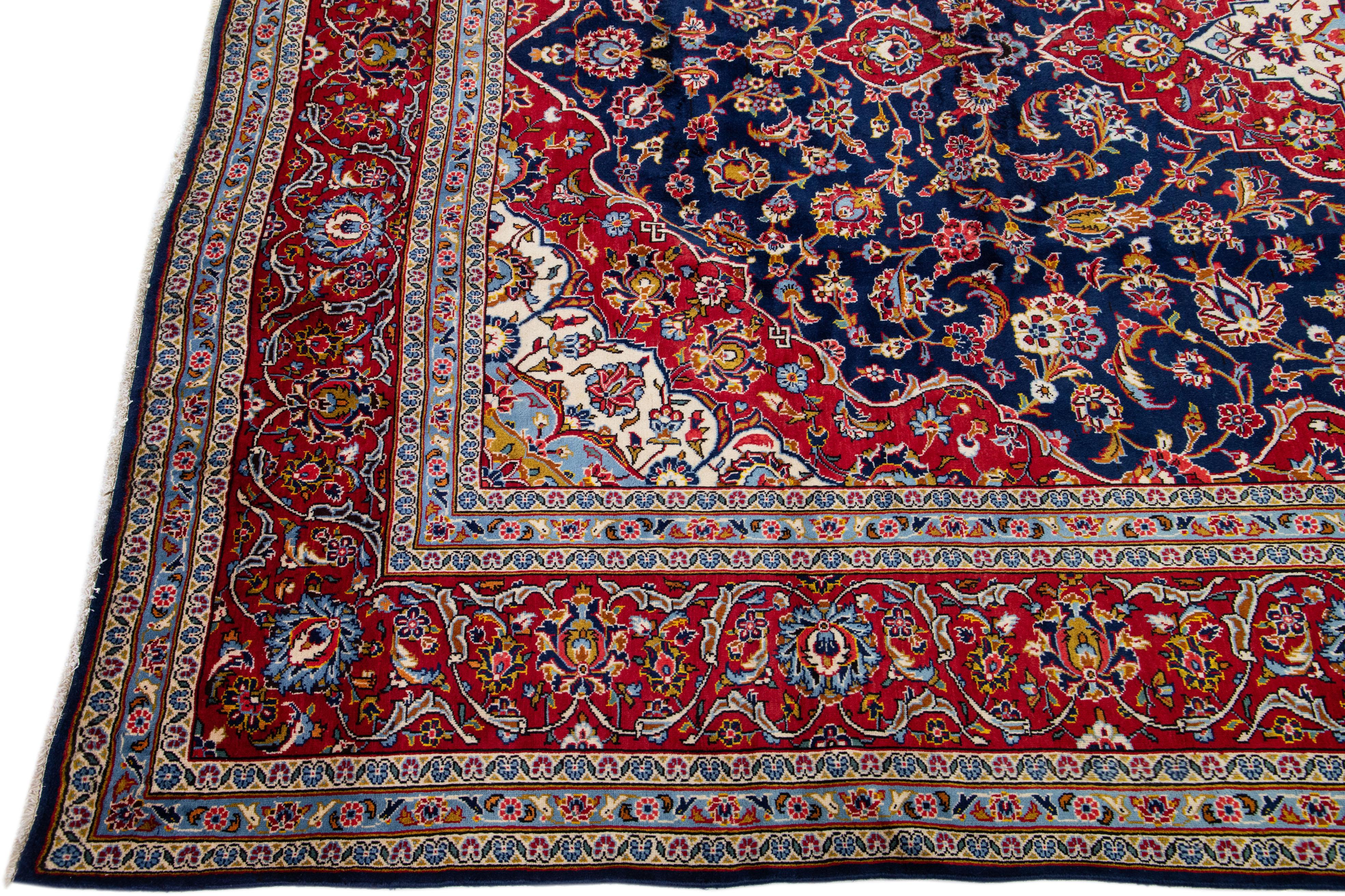 20th Century Antique Persian Kashan Handmade Allover Floral Blue Wool Rug For Sale