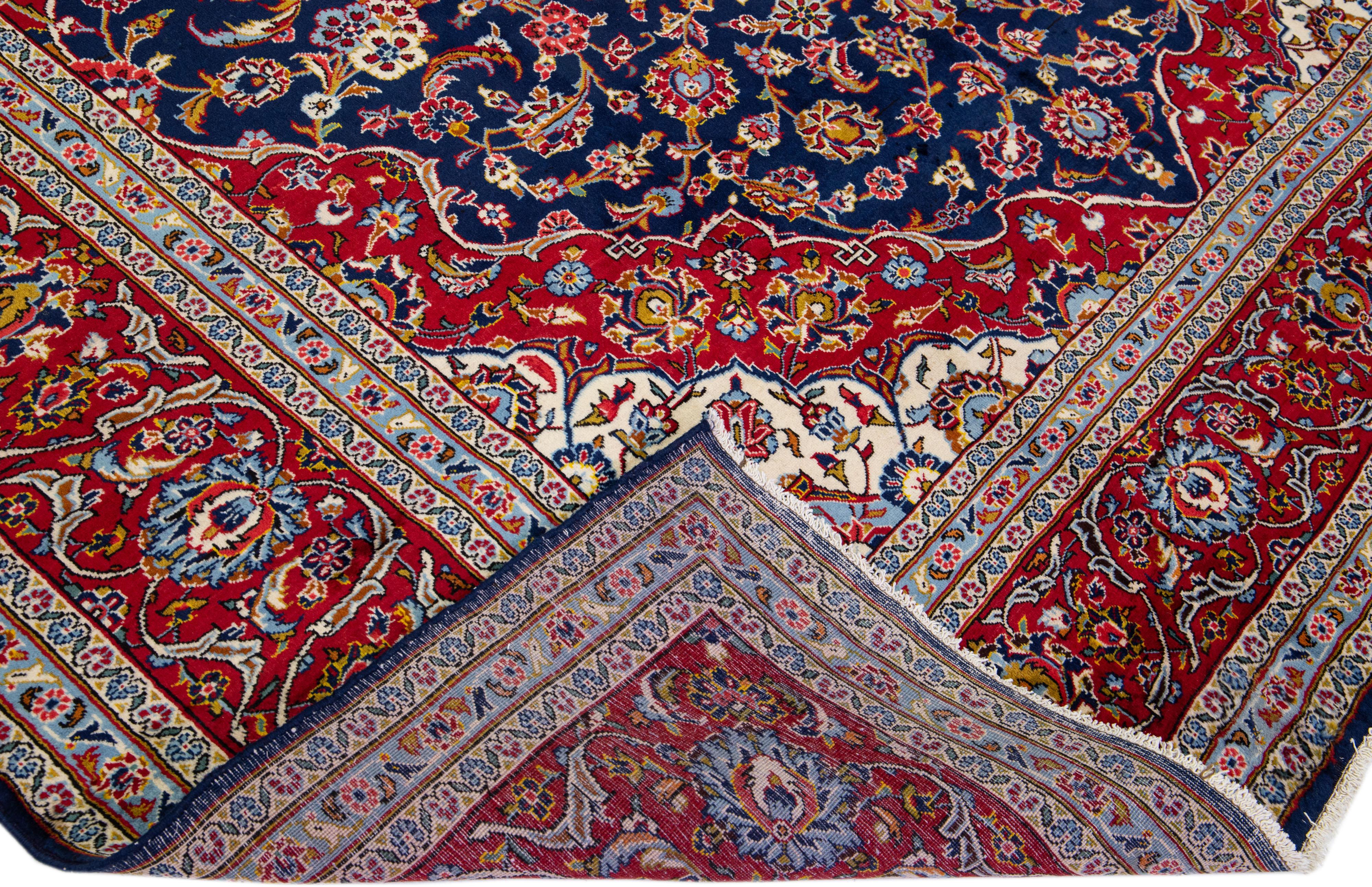 Antique Persian Kashan Handmade Allover Floral Blue Wool Rug For Sale 1