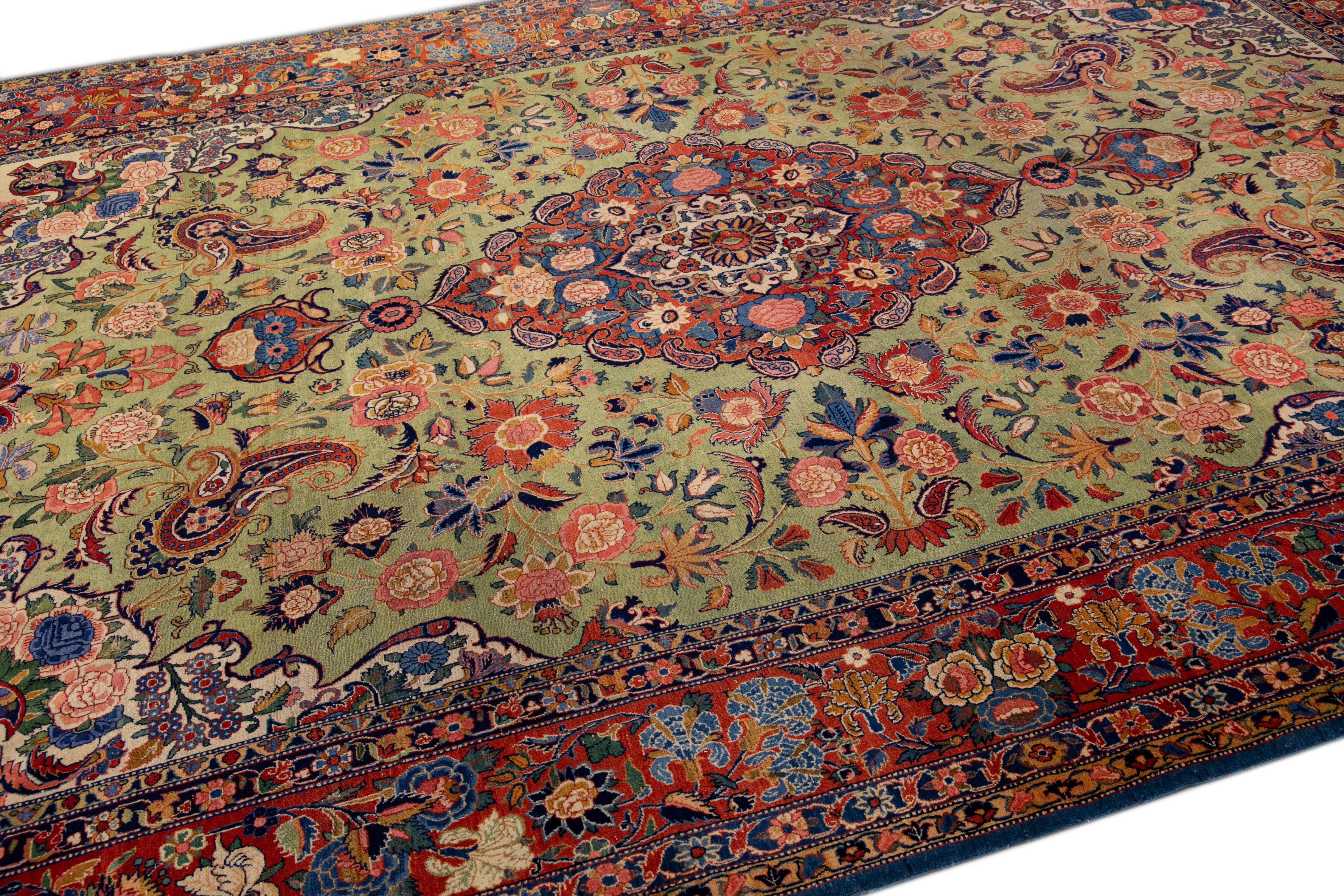 Hand-Knotted Antique Persian Kashan Handmade Allover Floral Green Wool Rug For Sale