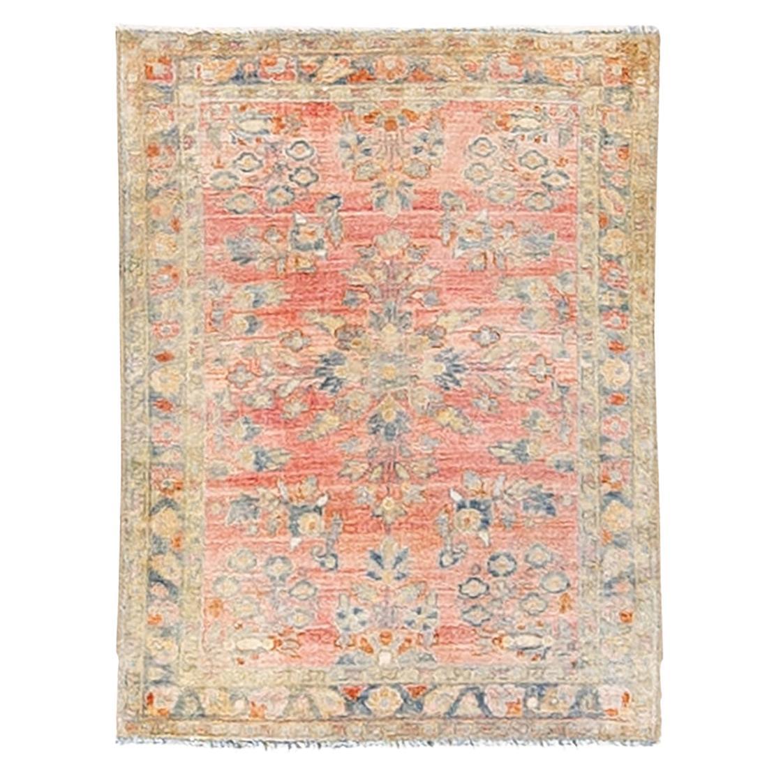 Antique Signature Kashan Pink and Blue Wool Rug with AllOver Floral