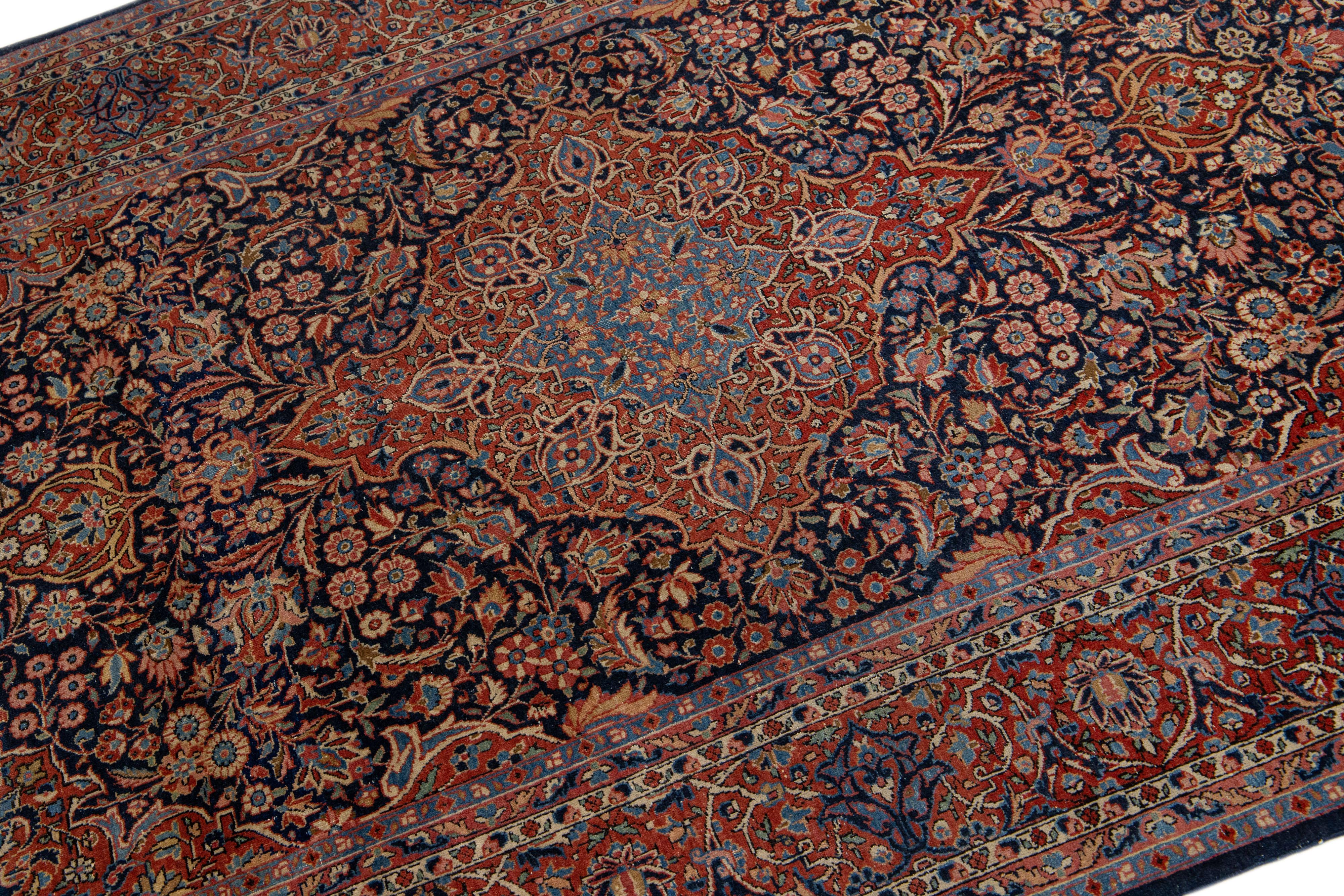 Hand-Knotted Antique Persian Kashan Handmade Medallion Blue and Red Scatter Wool Rug For Sale
