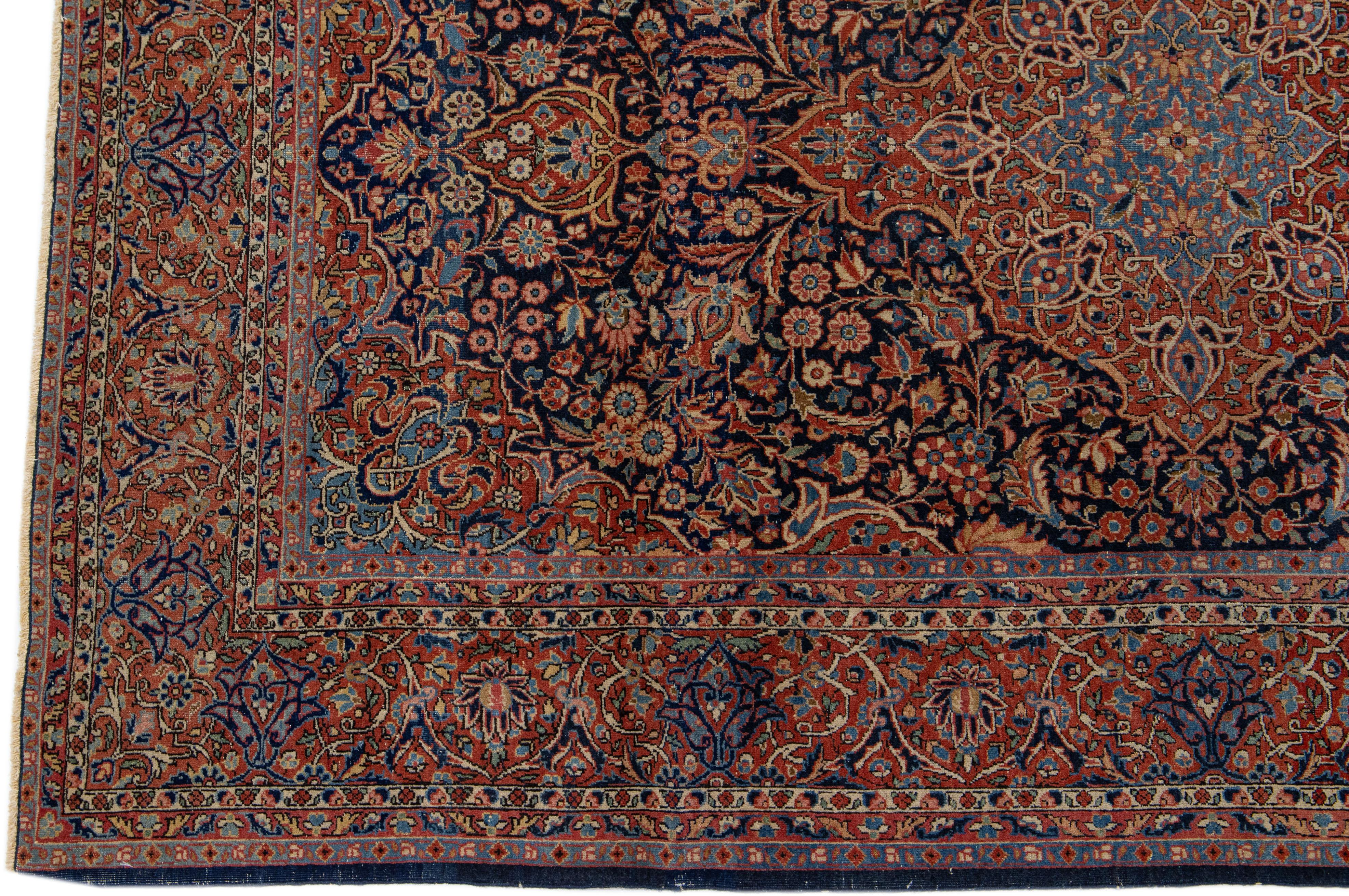 Early 20th Century Antique Persian Kashan Handmade Medallion Blue and Red Scatter Wool Rug For Sale