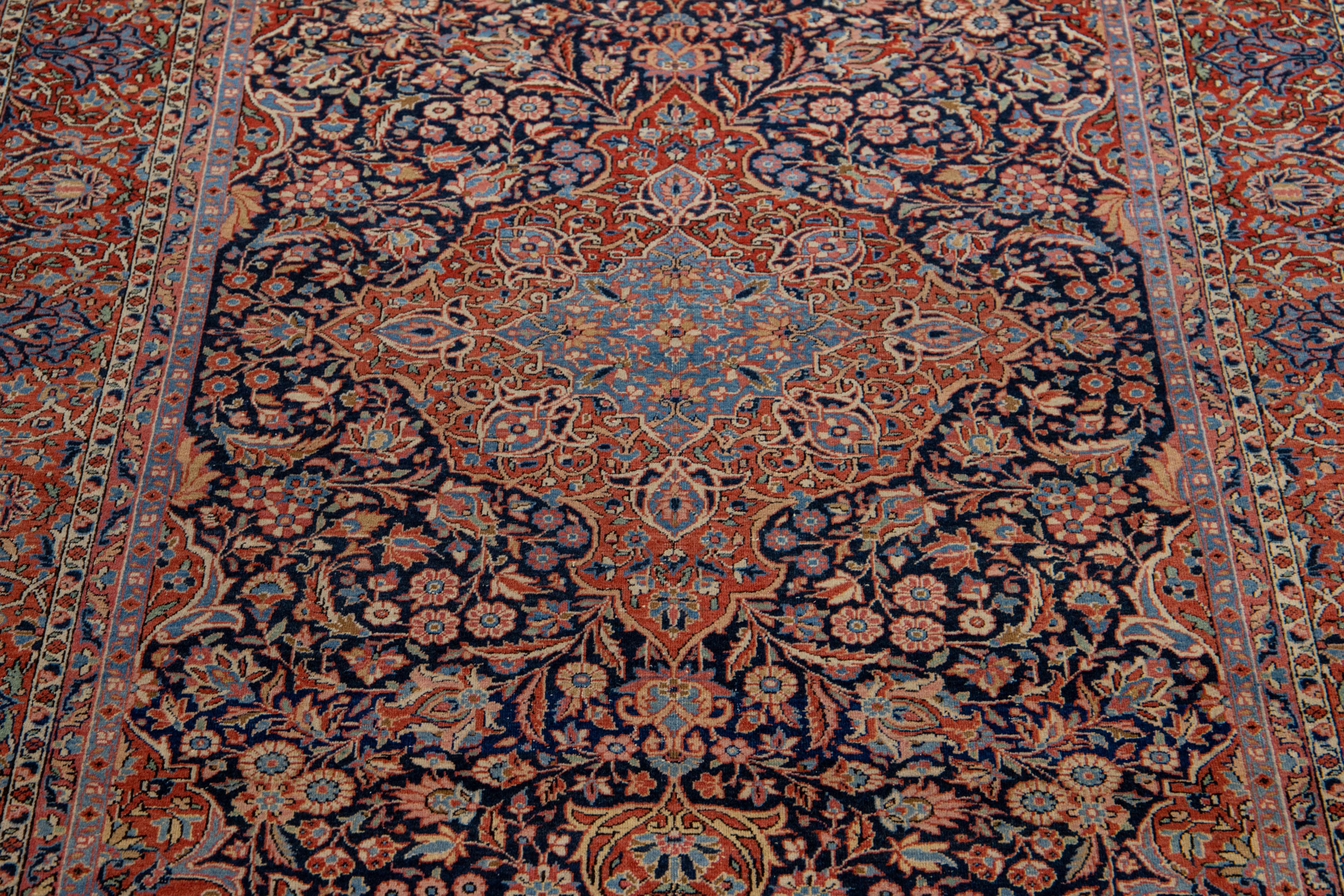 Antique Persian Kashan Handmade Medallion Blue and Red Scatter Wool Rug For Sale 1