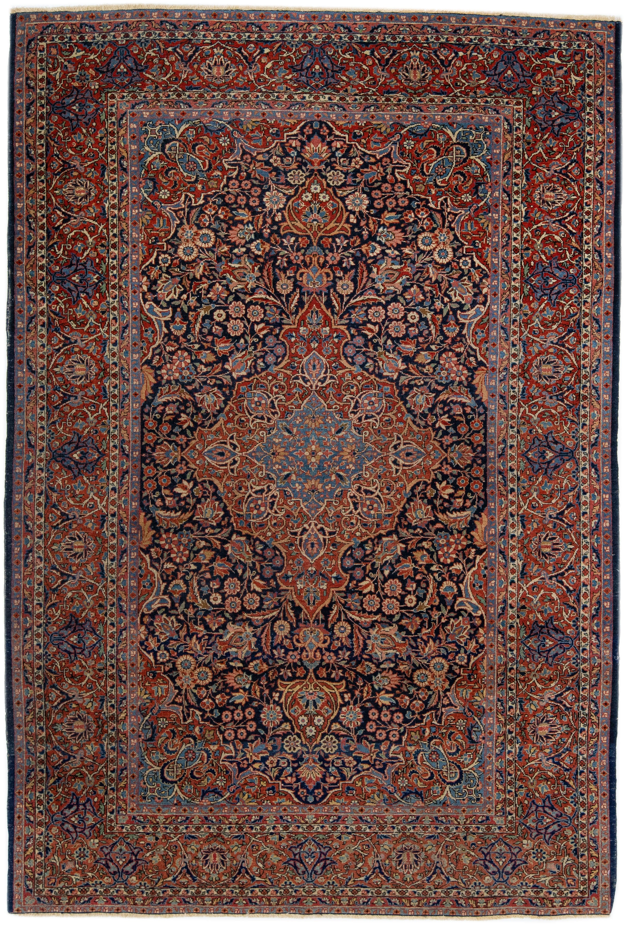 Antique Persian Kashan Handmade Medallion Blue and Red Scatter Wool Rug