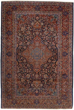 Antiker persischer Kashan-Wollteppich mit Medaillon in Blau und Rot mit Schachtel