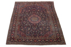 Antique Persian Kashan Handmade Medallion Designed Wool Rug in Blue