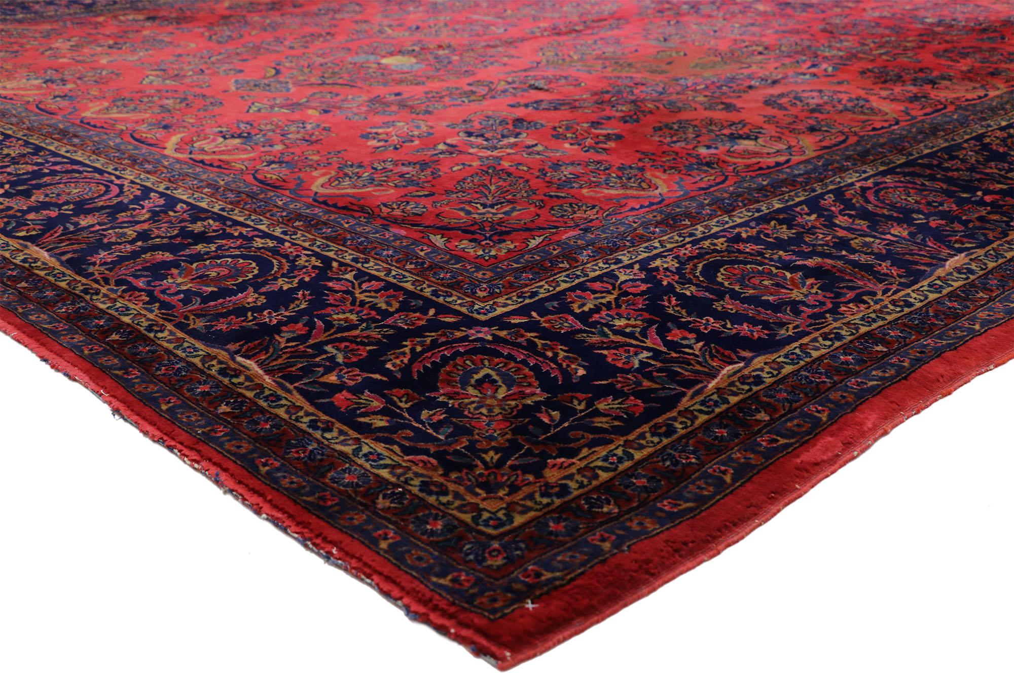 77370, antique Persian Kashan palace rug with English Tudor Jacobean style. Rich in color, texture and beguiling ambiance, this hand knotted wool antique Persian Kashan palace rug features an all-over pattern composed of a lavish vase design and