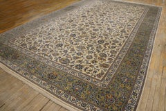 1940s Ivory Floral Antique Persian Kashan Carpet 10' x 16' Handknotted Wool Rug