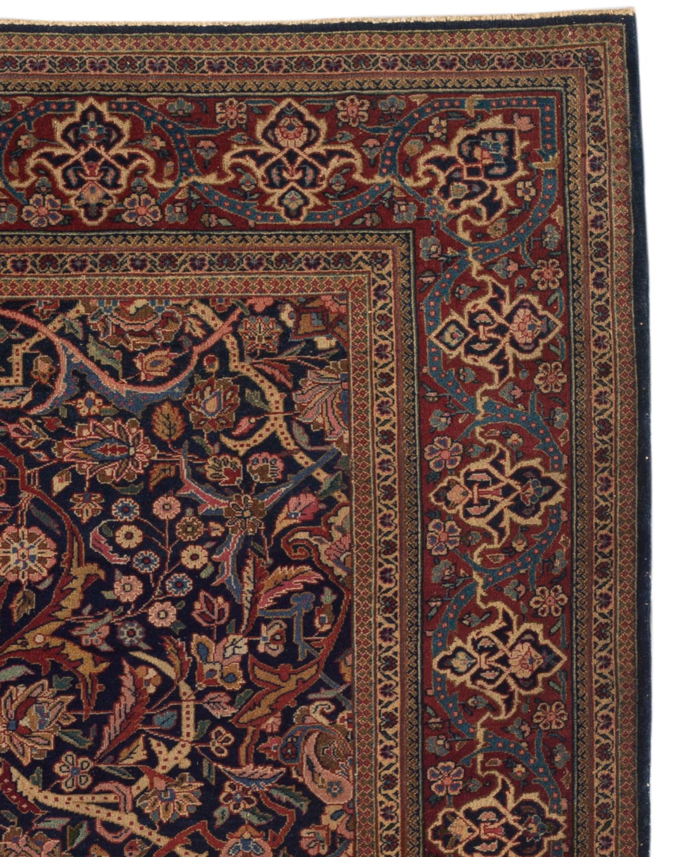Hand-Woven Traditional Handwoven Luxury Antique Persian Kashan Navy / Red Rug, circa 1900 For Sale