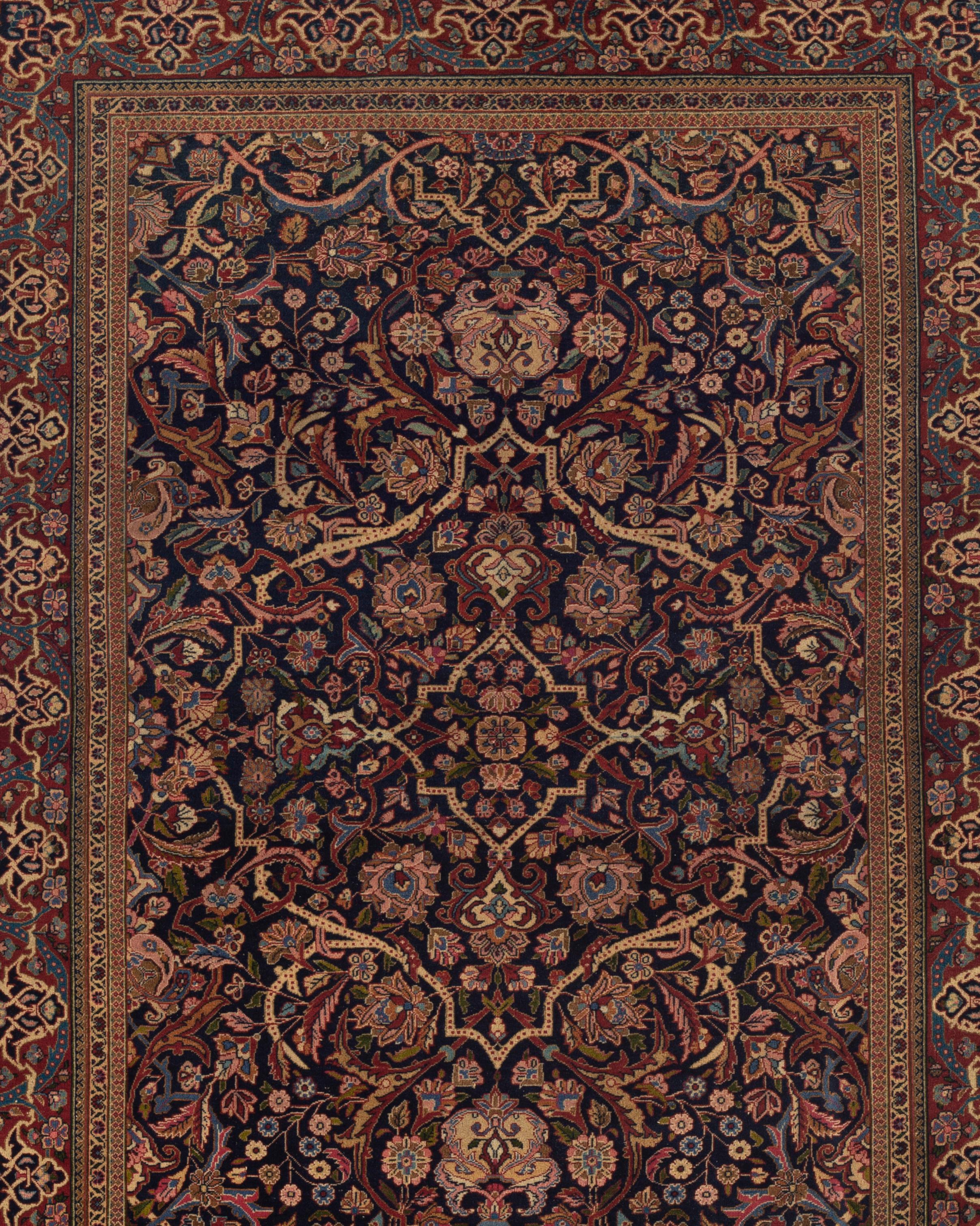 Traditional Handwoven Luxury Antique Persian Kashan Navy / Red Rug, circa 1900 In Good Condition For Sale In Secaucus, NJ