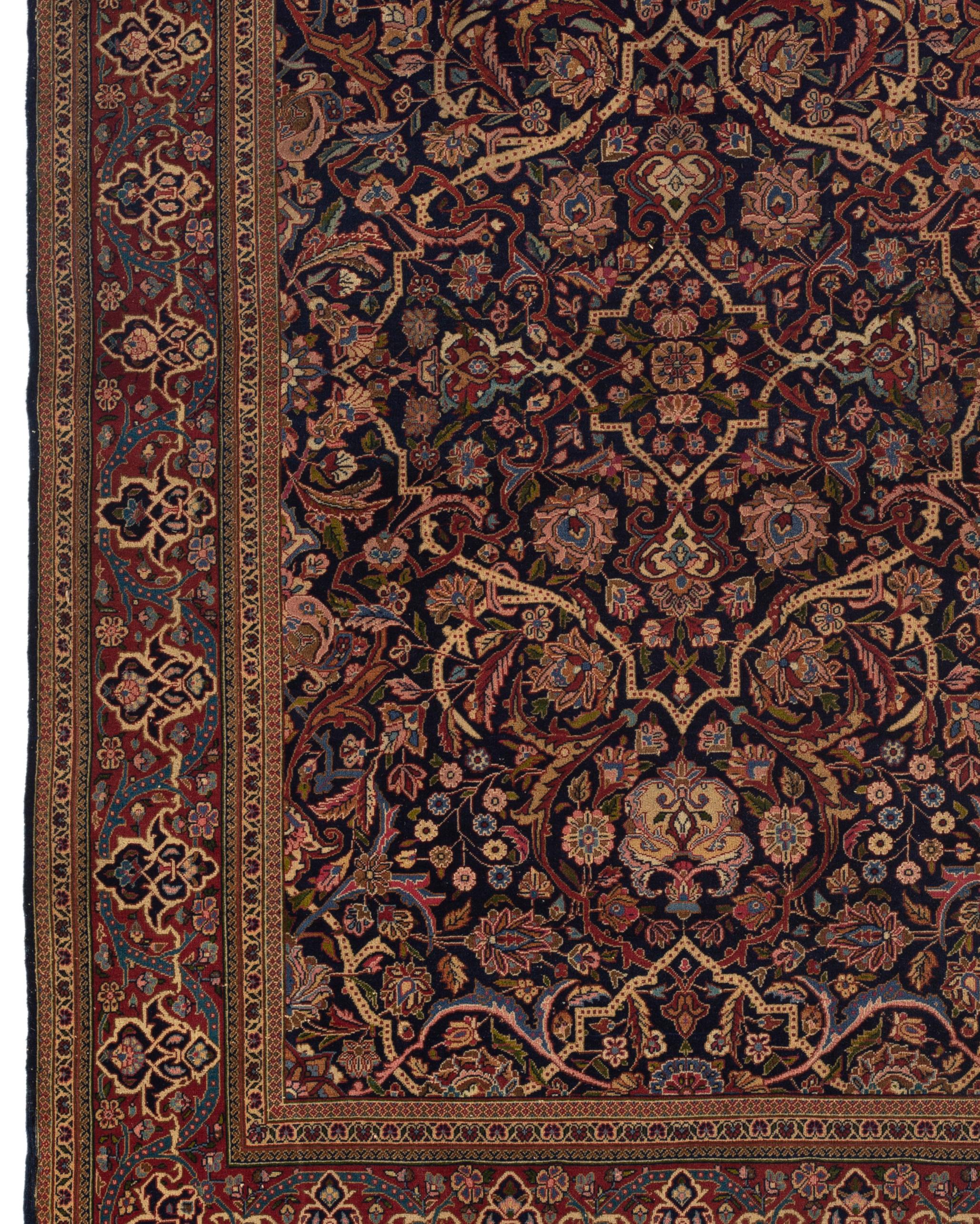 20th Century Traditional Handwoven Luxury Antique Persian Kashan Navy / Red Rug, circa 1900 For Sale