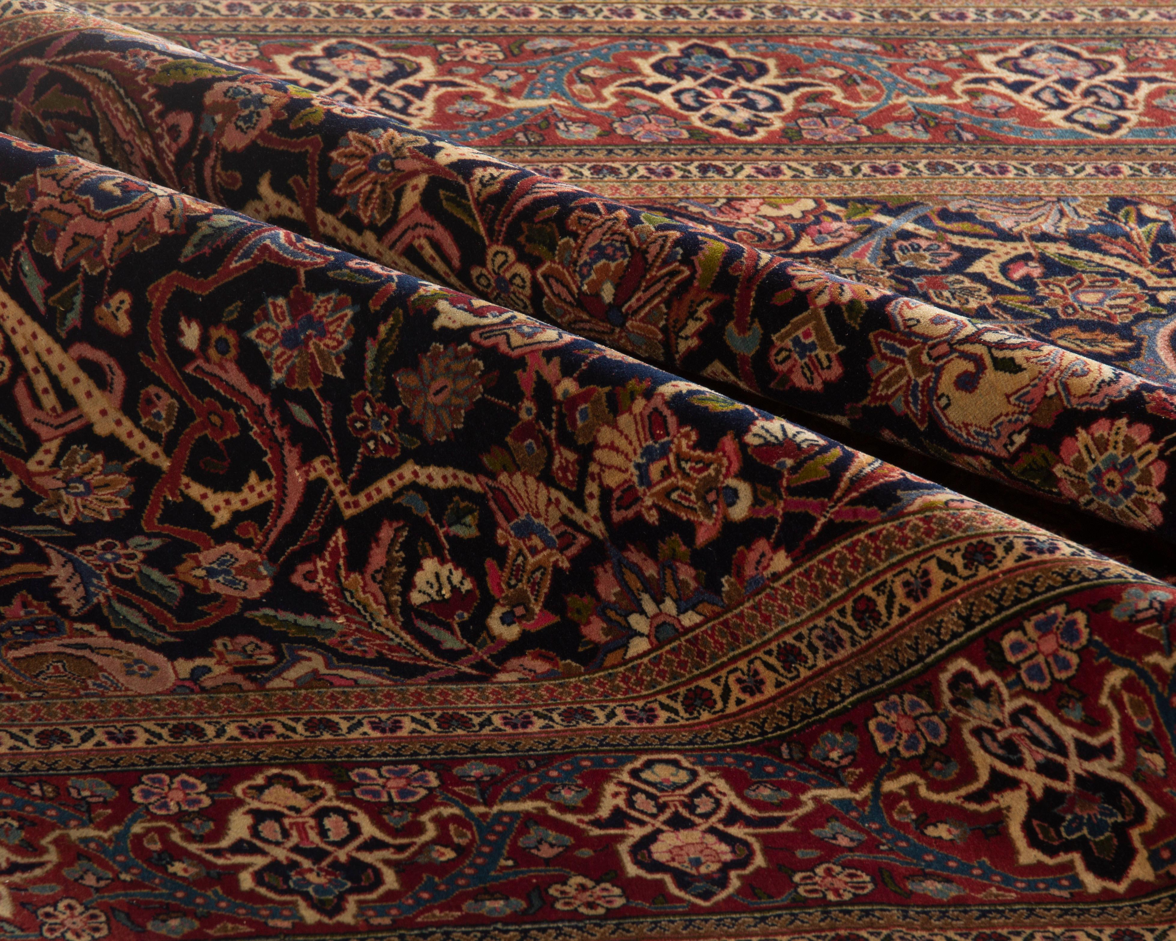Wool Traditional Handwoven Luxury Antique Persian Kashan Navy / Red Rug, circa 1900 For Sale