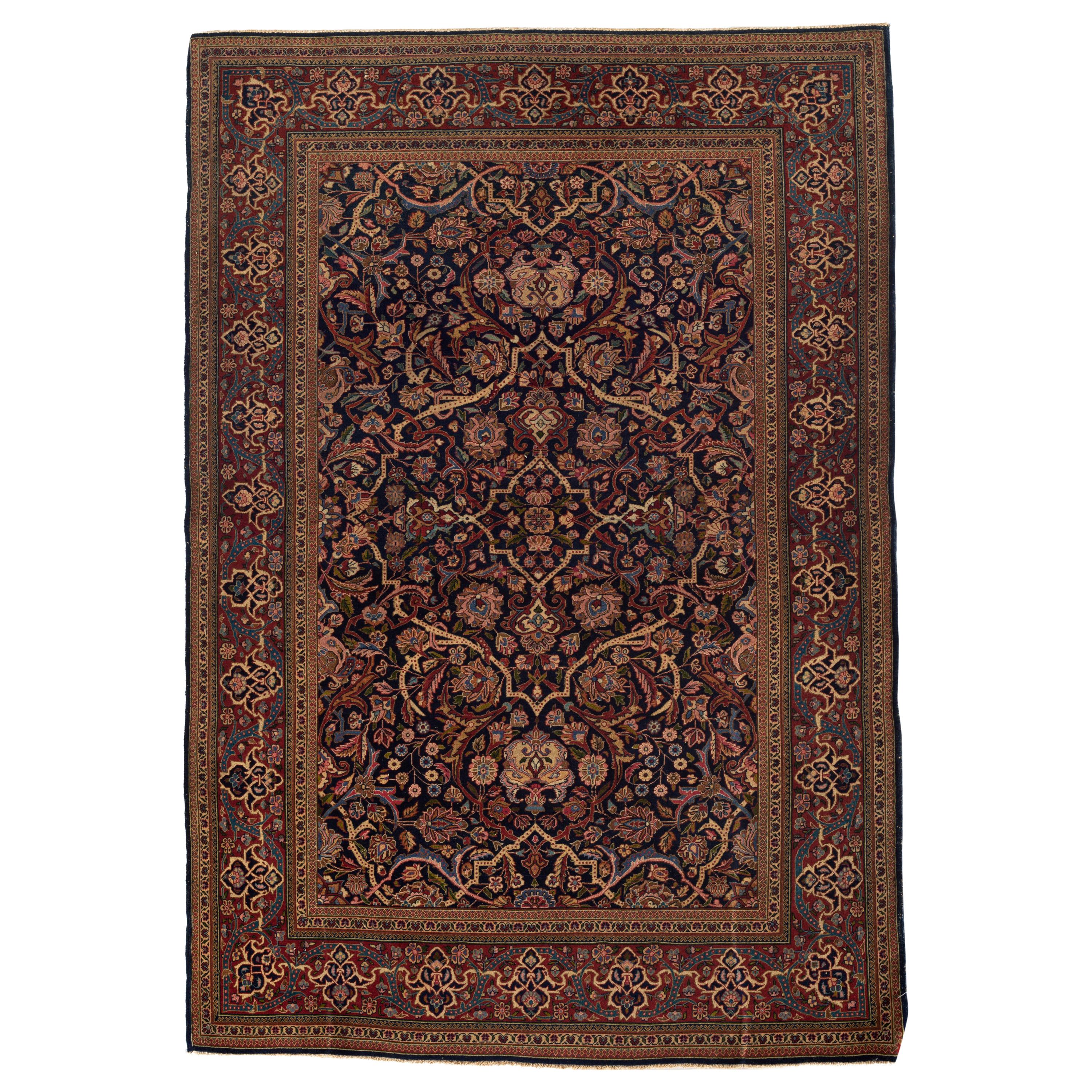 Traditional Handwoven Luxury Antique Persian Kashan Navy / Red Rug, circa 1900 For Sale