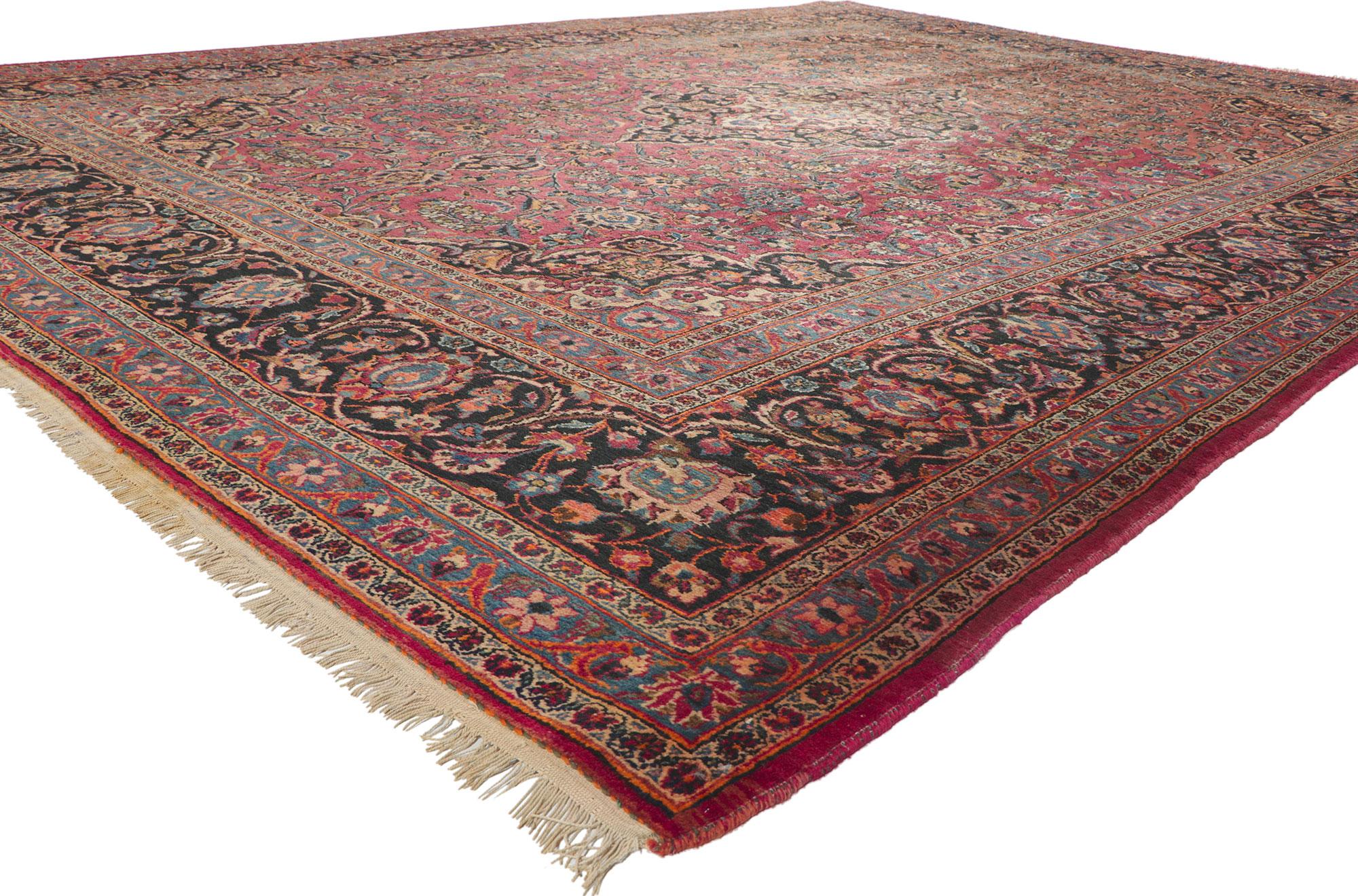 72017 Antique Persian Kashan Rug, 09'11 x 13'02. With its timeless style, incredible detail and texutre, this hand knotted wool antique Persian Kashan rug is a captivating vision of woven beauty. The sophisticated design and refined color palette