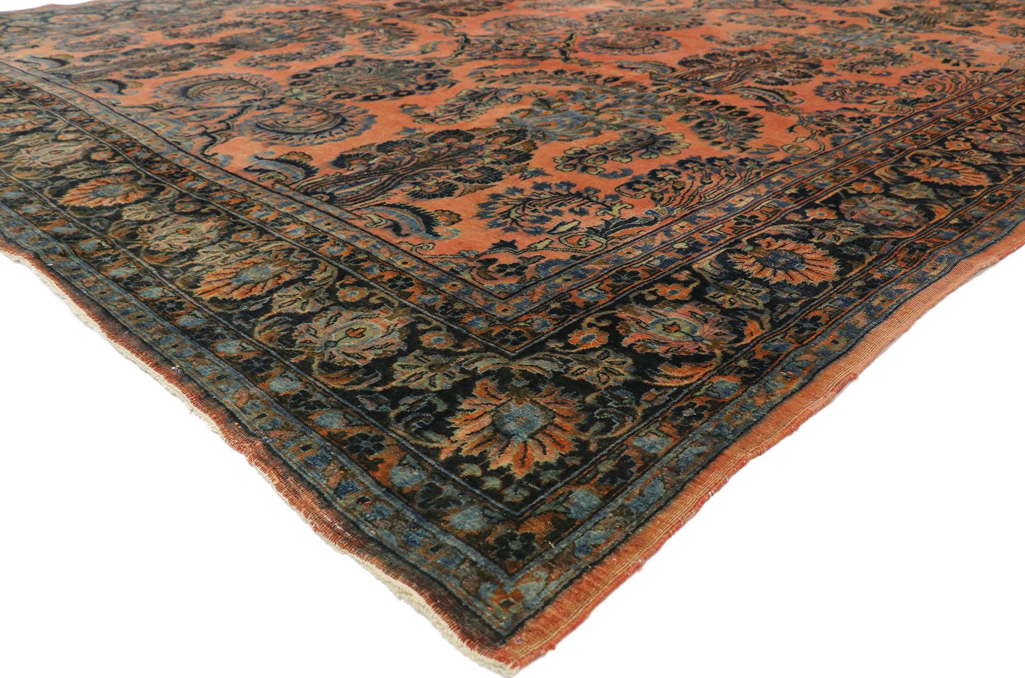 71540 Rustic Antique Persian Kashan Rug, 08'05 x 11'05. 
Rustic charm meets Victorian elegance in this hand knotted wool antique Persian Kashan rug. The architectural design elements and rich colors woven into this piece work together creating an