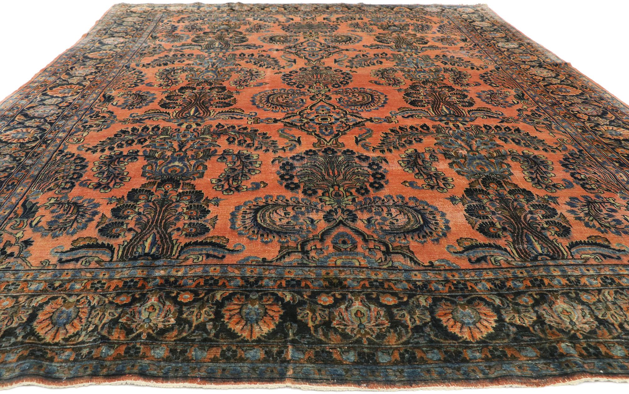 Hand-Knotted Antique Persian Kashan Rug, Rustic Charm Meets Victorian Elegance For Sale