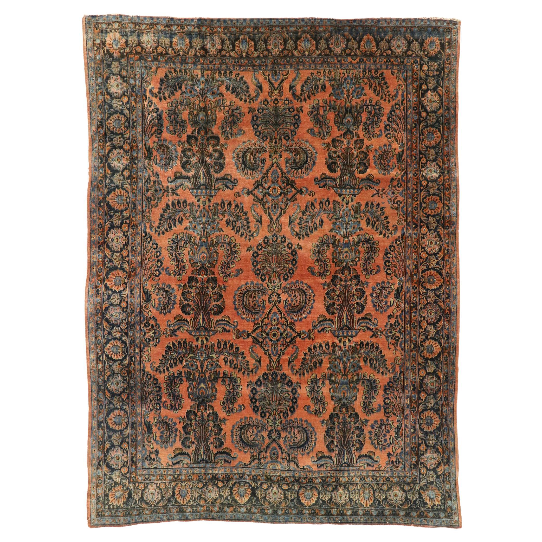 Antique Persian Kashan Rug, Rustic Charm Meets Victorian Elegance For Sale